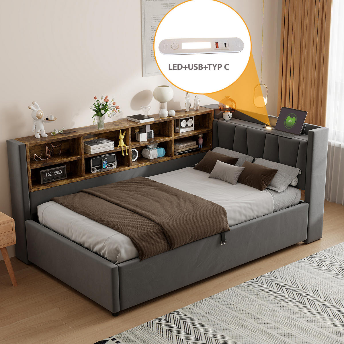 ČALOUNĚNÁ postel 90/200 cm tmavě šedá ze sametu s úložným prostorem a USB - tmavě šedá, textil (90/200cm) - OKWISH