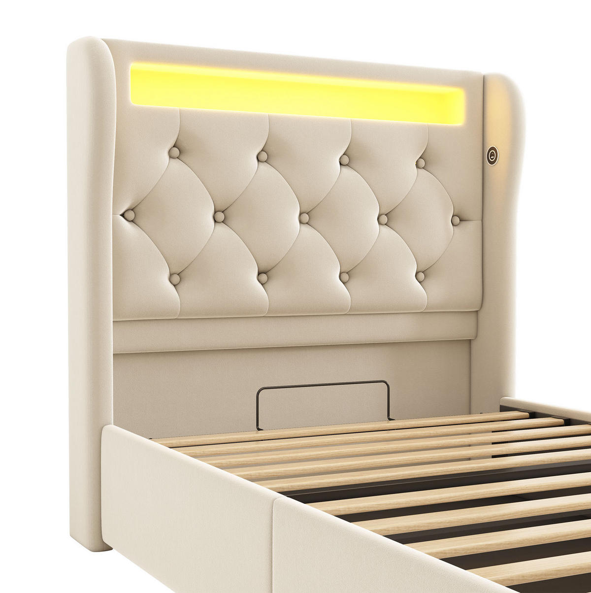 POLSTERBETT 90/200 cm Beige aus Samt mit LED und Stauraum - Beige, Textil (90/200cm) - OKMYHOME