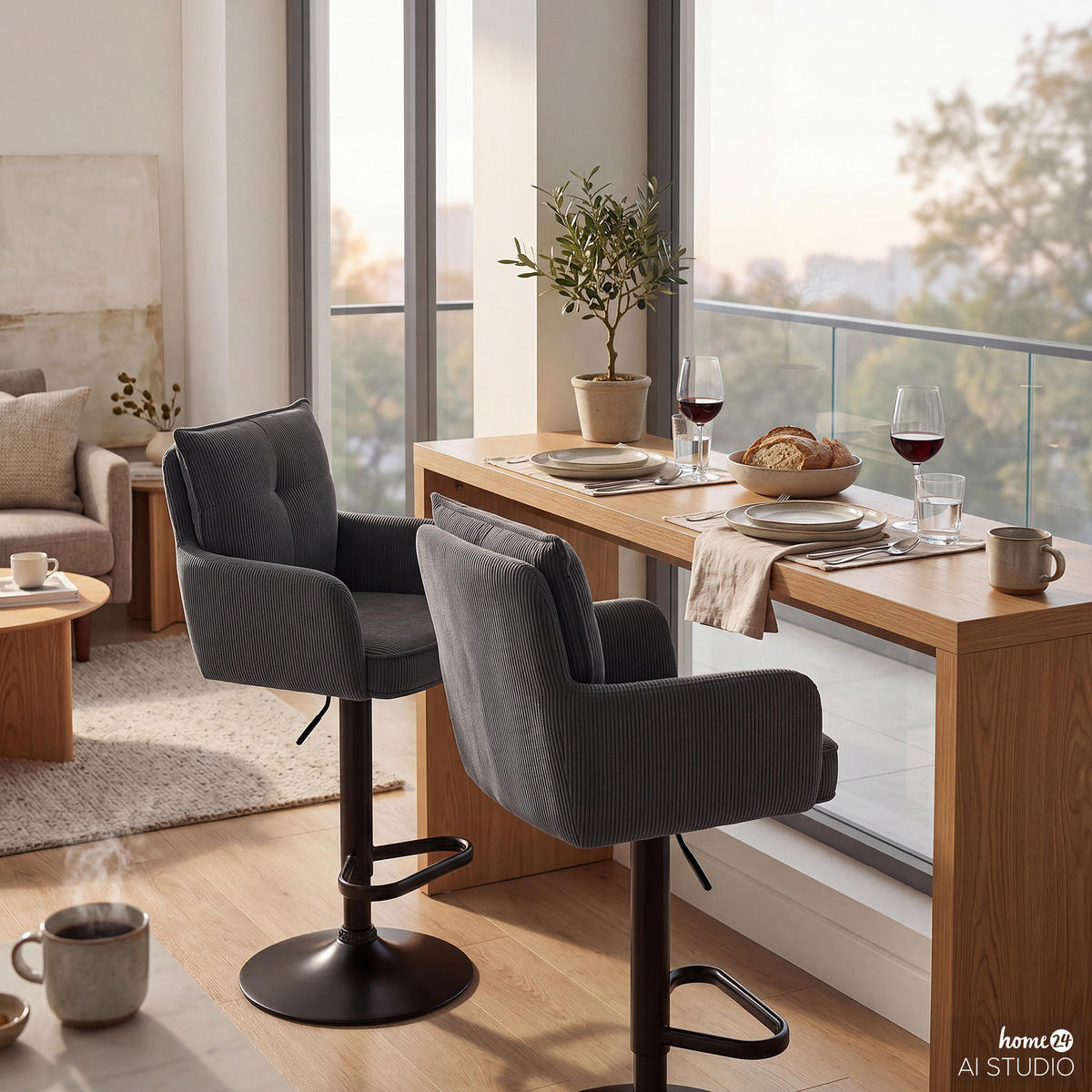 BARSTUHL - 2er-Set - Höhenverstellbar - Cord / Eisen - Anthrazit, Textil/Metall (54/98/58cm) - home24