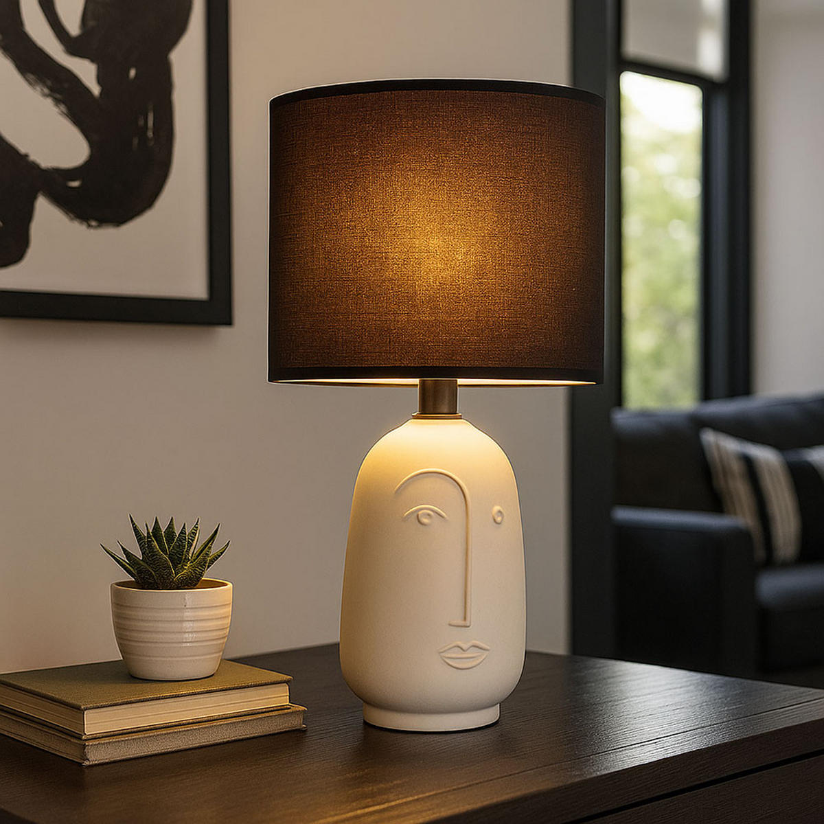 TISCHLEUCHTE Face Keramik Schwarz - Schwarz, Textil (22/22/38.5cm)