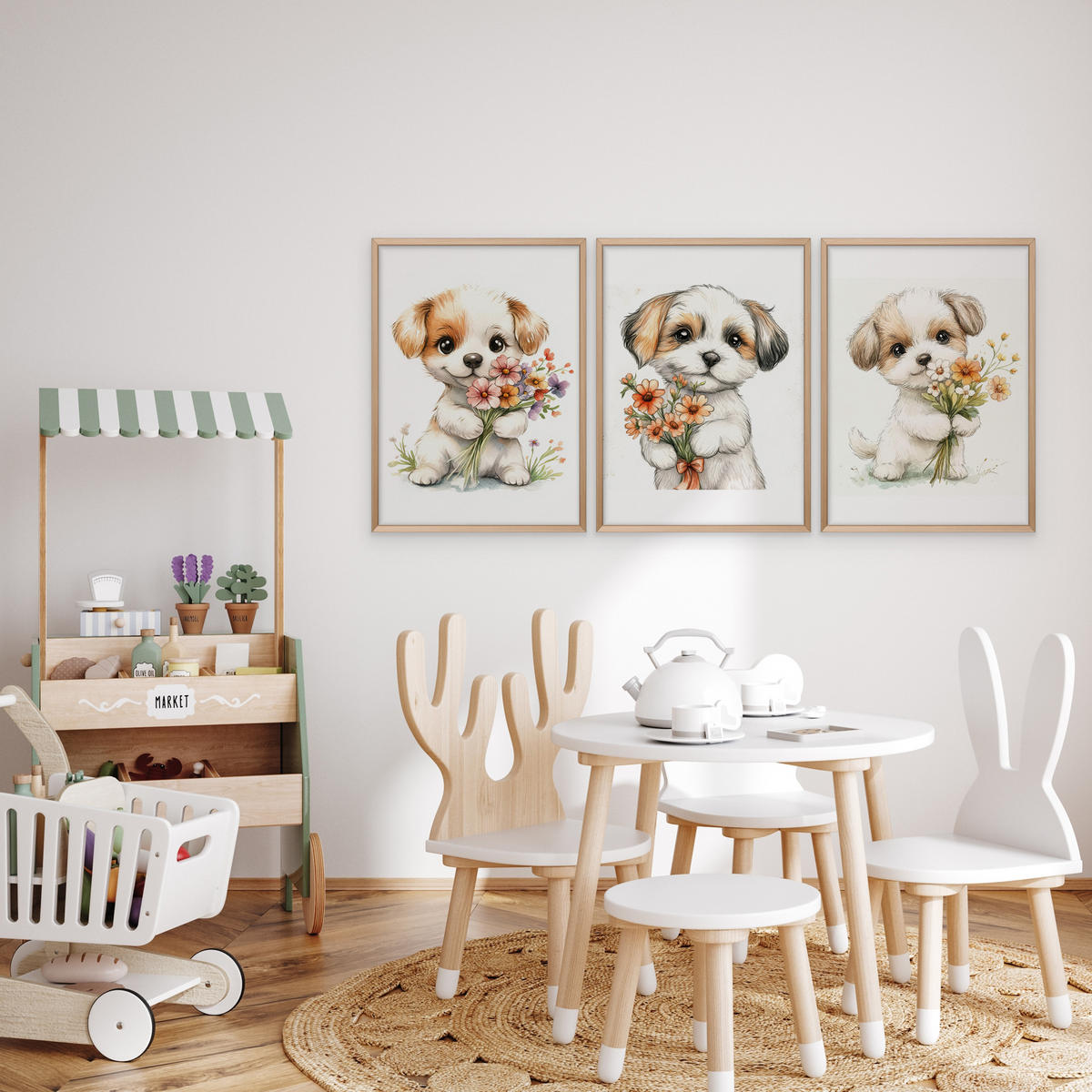 POSTER SET für Kinderzimmer HUNDE Welpen Blumen Tiere 3x Poster A4 21x30cm - Beige/Rot, Papier (21/30/1cm) - Muralo