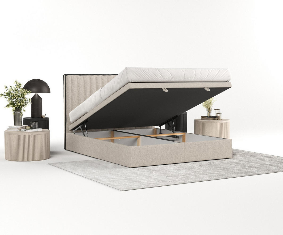 POLSTERBETT Keva mit Stauraum 200/200 cm Hellbeige im Megan Stoff - Sandfarben/Schwarz, Holz/Holzwerkstoff (200/200cm) - AltaBeds
