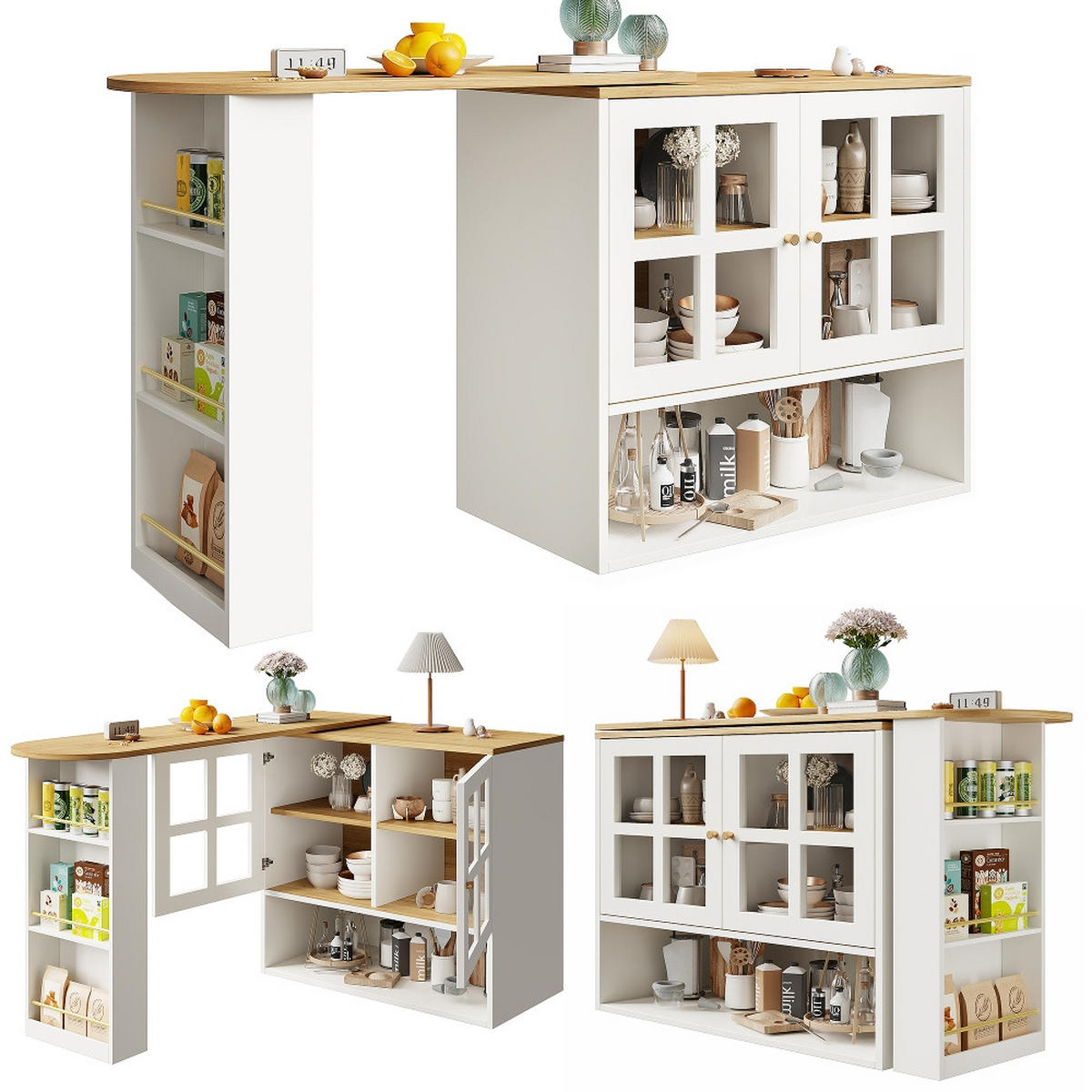 KÜCHENINSEL DREHBARE ESSBAR mit Snackregal, Sideboardschrank, MDF/Glas, Weiß, 138-204/39/102,5 cm - Weiß, Kunststoff (39/102.5/138cm) - Rolipo