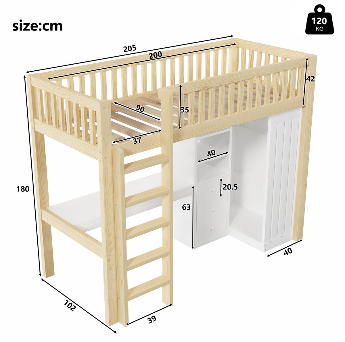 HOCHBETT 90/200 cm Natur aus Kiefernholz und MDF mit Schreibtisch und Stauraum - Naturfarben, Holz (90/200cm) - OKMYHOME