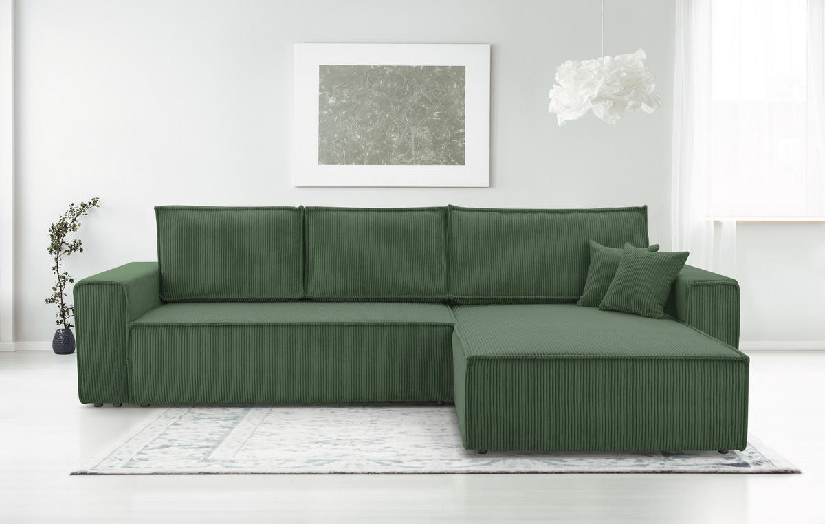 ECKSOFA L Form Cedria Dunkelgrün 287/145/85 cm mit Schlaffunktion - Dunkelgrün/Schwarz, Kunststoff/Textil (287/145cm) - AX Living