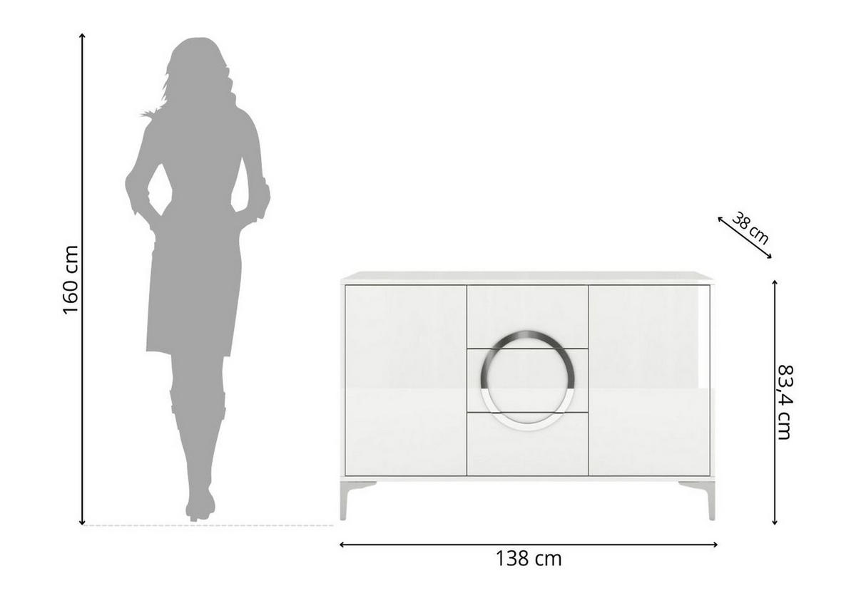 SIDEBOARD Eva, Weiß, Silberne Akzente, Hochglanz - Weiß Hochglanz/Silberfarben, Holzwerkstoff/Metall (138/83/38cm) - Kayani