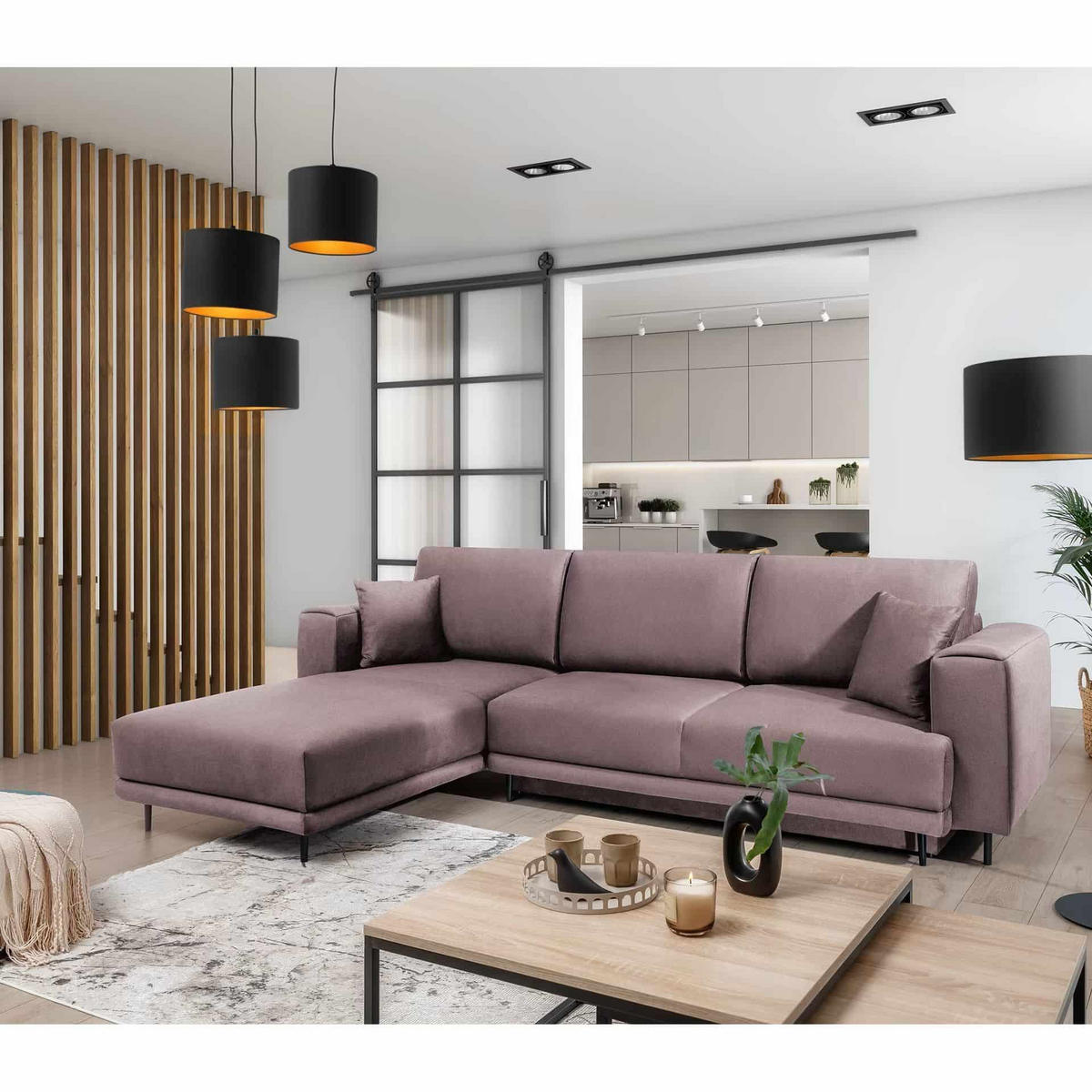 ECKSOFA mit Schlaffunktion und Bettkasten, Loco-Stoff - Flieder/Schwarz, Textil/Metall (289/190cm) - Eltap