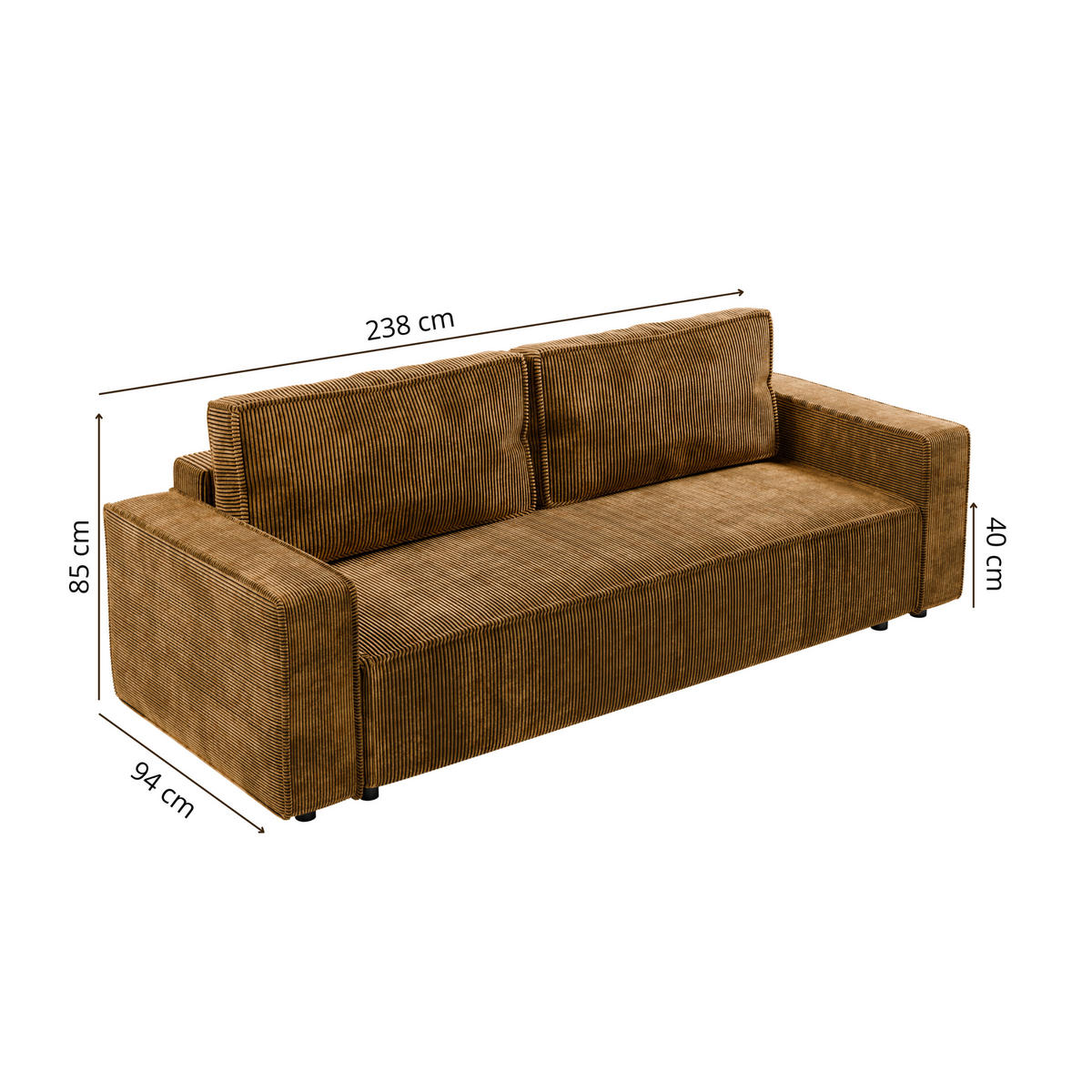 SCHLAFSOFA BRIK 3-Sitzer Cord Poso Senfgelb - Schlaffunktion DL & Bettkasten - Gelb, Textil (238/94/94cm) - Excellent Home