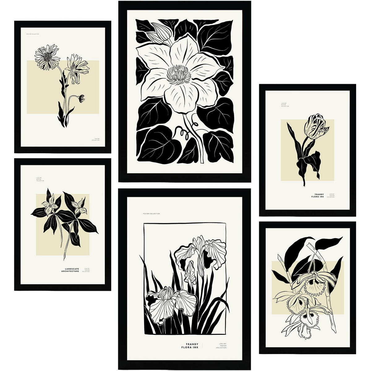 POSTER Set Mit 6 In Schwarzer Tinte Blumen A3 & A4 Rahmenlos - Klar, Papier (29/3cm) - Nacnic