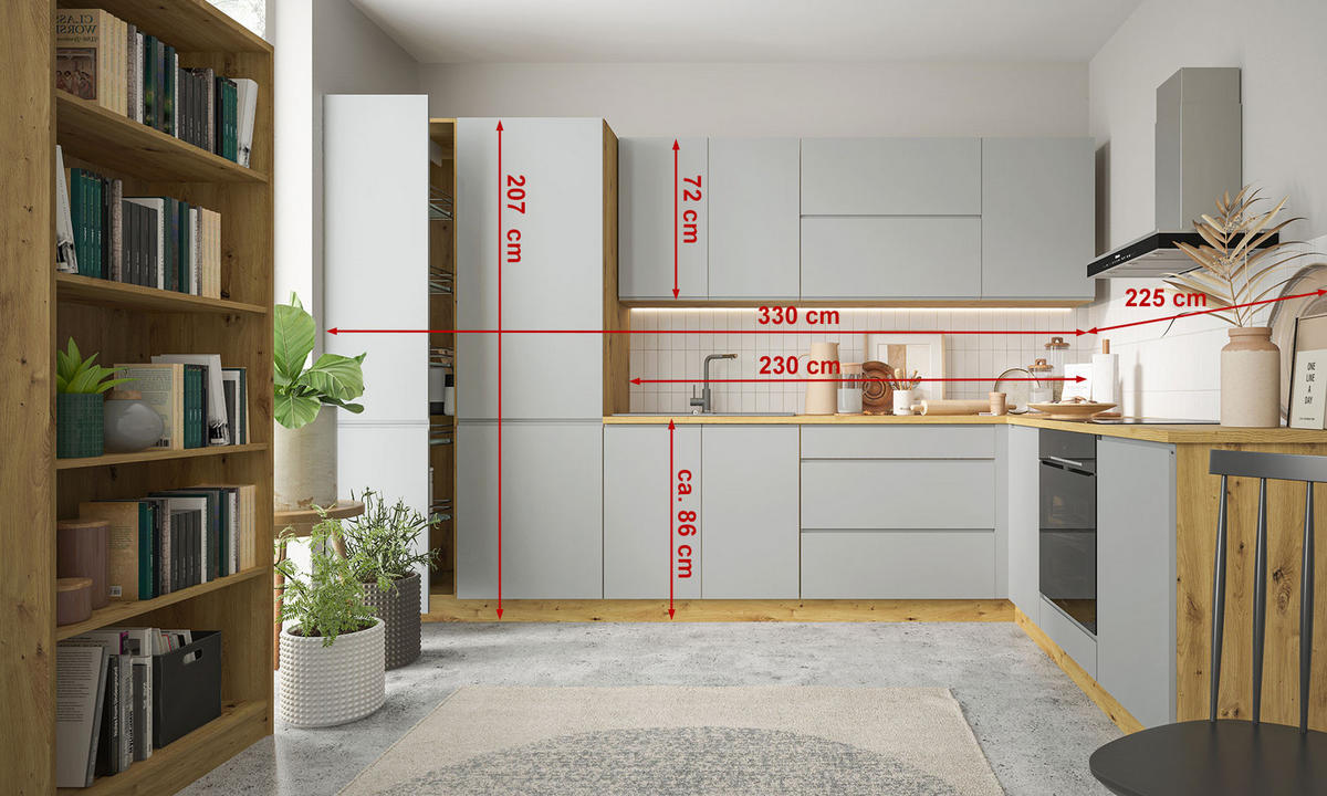 WINKELKÜCHE Avellino eiche artisan / Acryl stone grey matt, Arbeitsplatte eiche artisan 11-teilig - Braun/Grau, Holzwerkstoff (330/207/225cm) - Feldmann-Wohnen