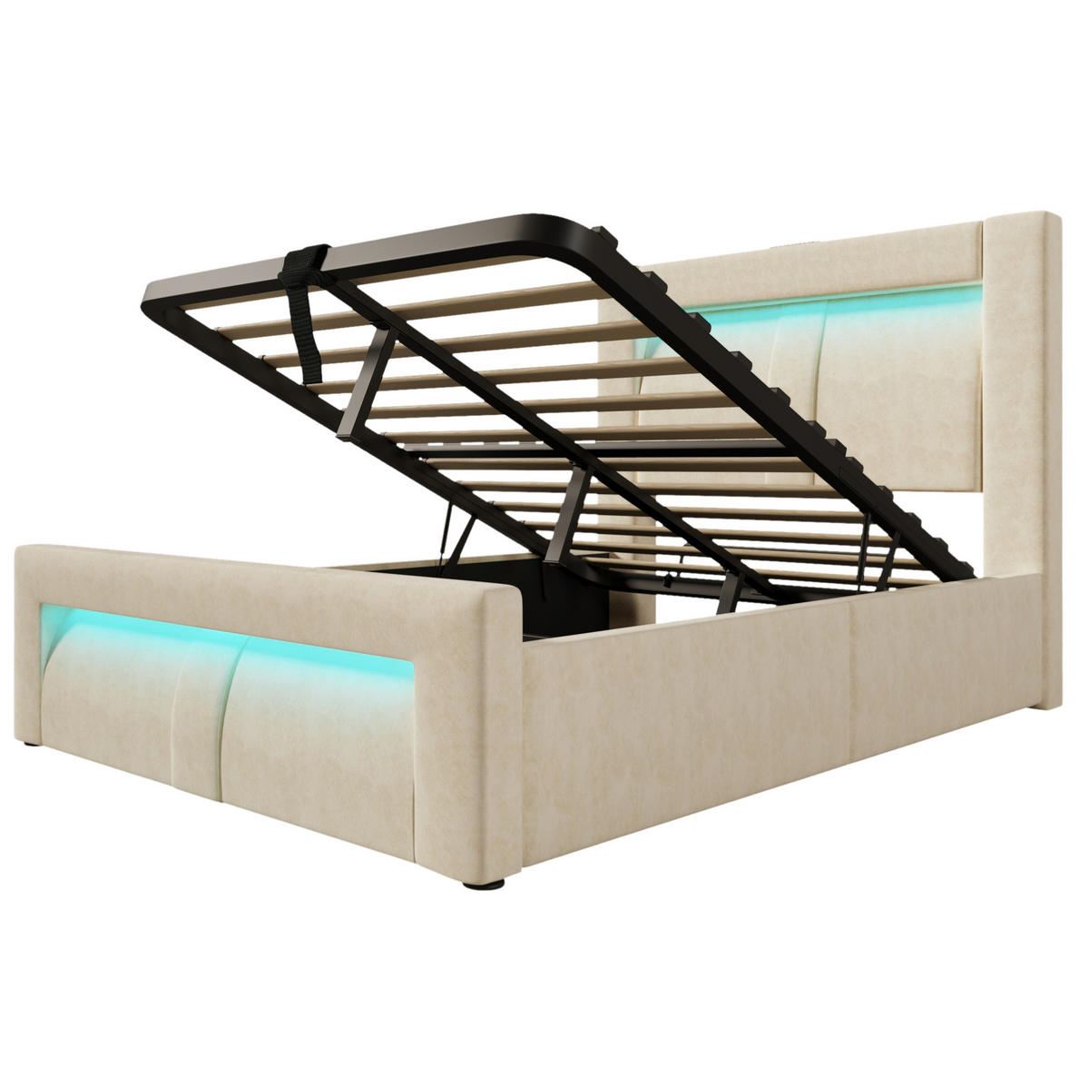 POLSTERBETT 90/200 cm mit Bettkasten, LED, USB- und Type-C-Anschluss, Samt, inklusive Matratze, Beige - Beige, Textil (90/200cm) - Redom