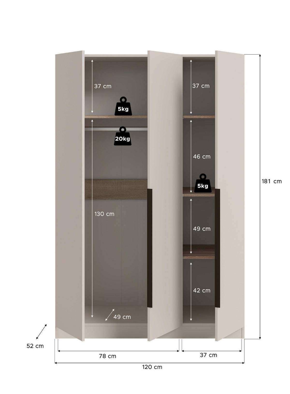 KLEIDERSCHRANK kaschmir 120 x 181 cm, Drehtürenschrank 3-türig - Kaschmir/Schwarz, Holzwerkstoff/Kunststoff (120/181/52cm) - Inn.Furn