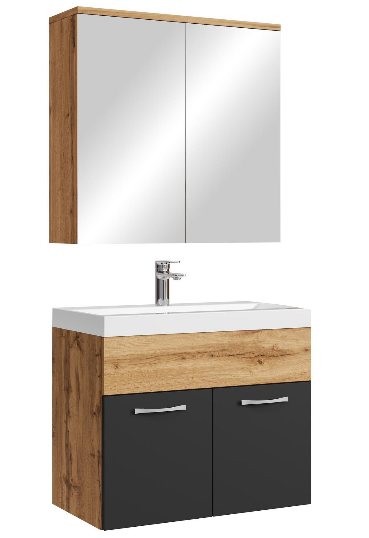 BADMÖBEL-SET Montreal 3 Teile Eiche / Schwarz - 60 x 35 x 51 cm - Eichefarben/Schwarz, Holz (60/53/35cm) - Badplaats