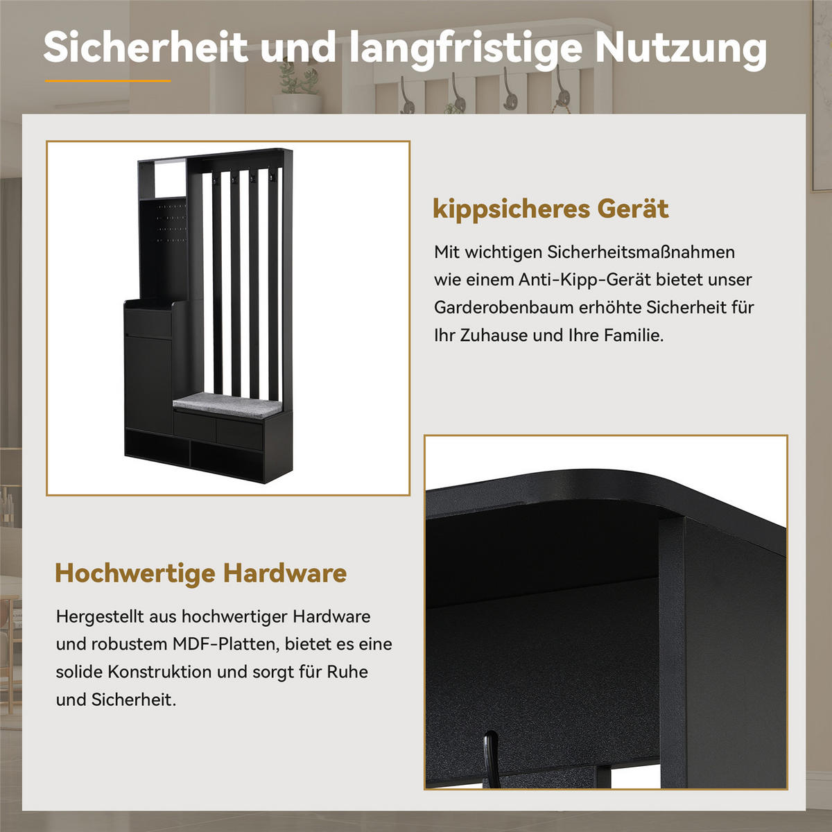 GARDEROBE 100/180/35 cm Schuhbank Haken Stecktafel Schwarz - Schwarz, Holz (35/180/100cm) - Kaket