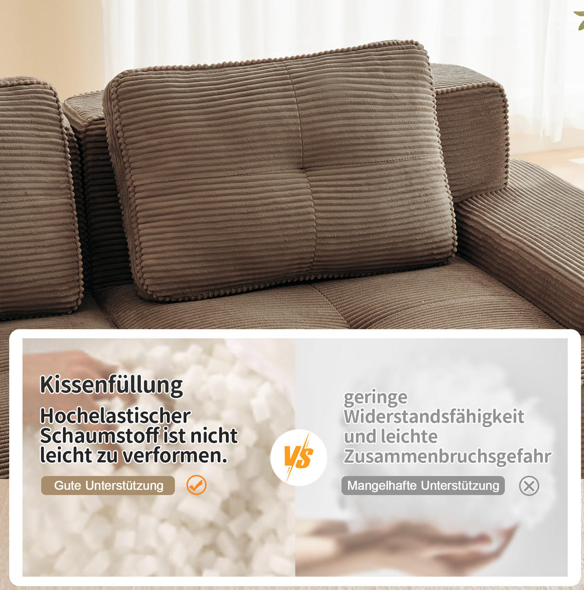 WOHNLANDSCHAFT 382/177/69 cm in Braun aus Cord, modular und montagefrei - Braun, Textil (177/69/382cm) - Flora Grace
