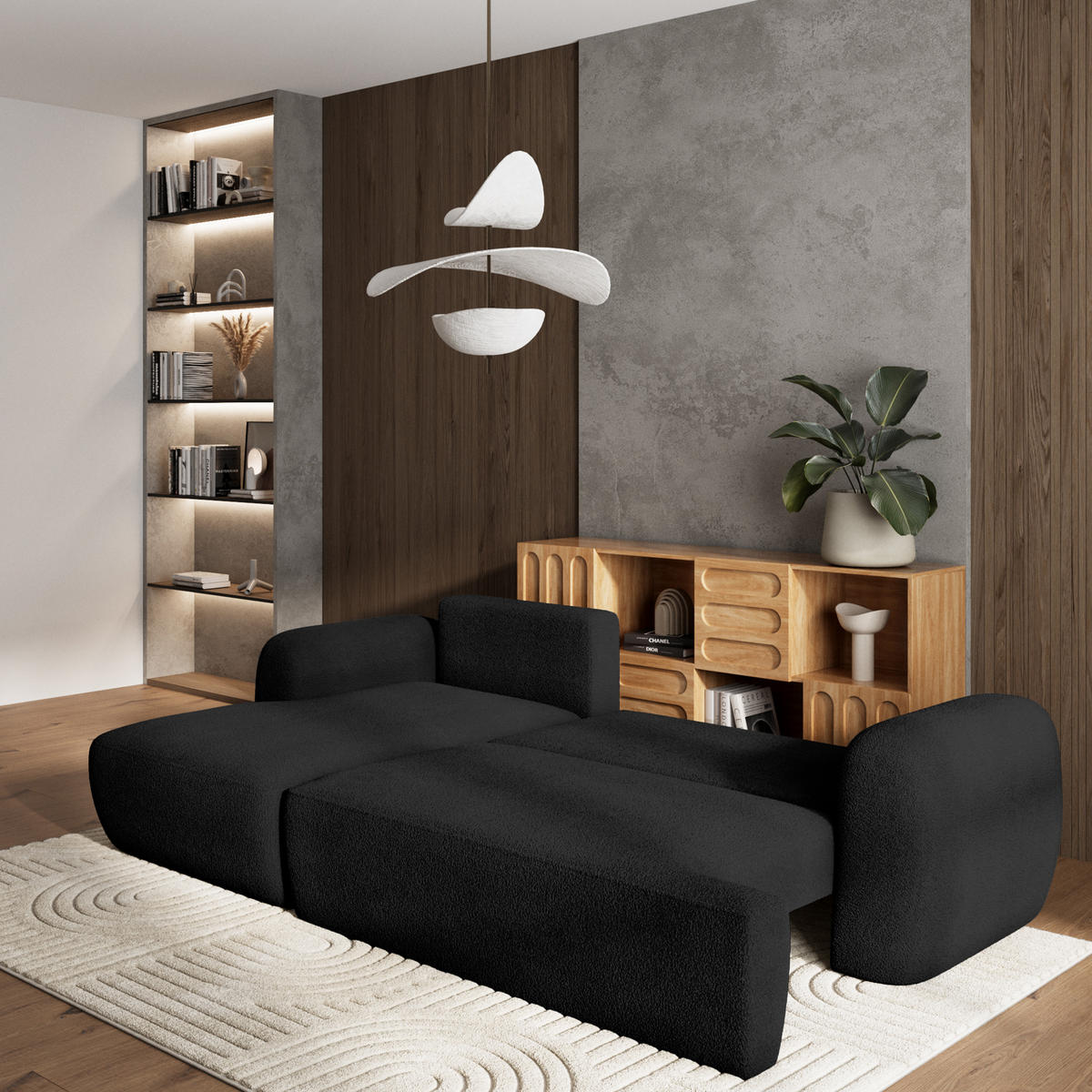 ECKSOFA MODENZA N L-S Schwarz Boucle-Stoff mit Schlaffunktion - Schwarz, Holz (266/148cm) - MASSENO