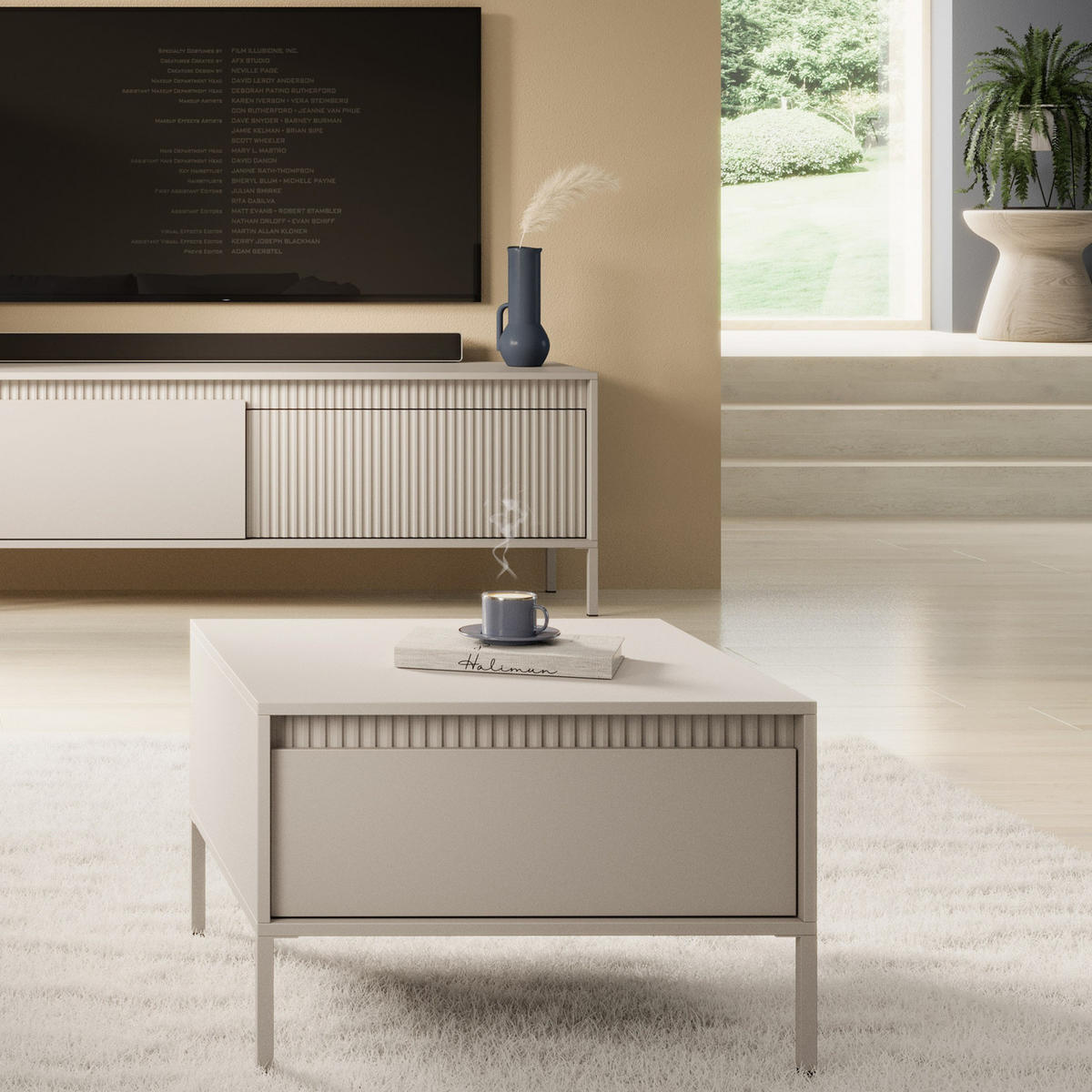 COUCHTISCH Ferrato F 68x68 cm Beige - mit 1 Schublade i Riffel-Detail - Beige, Holz/Holzwerkstoff (68/68/48cm) - Ravio