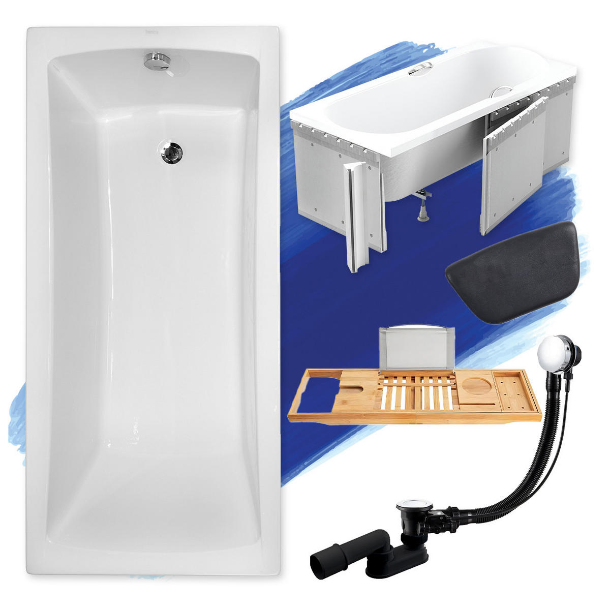 BADEWANNE Rechteck OPTIMA 150/70 + Styro + Ablage + Kopfstütze Ablauf Füße - Weiß, Kunststoff (70/53.5/150cm) - bad land