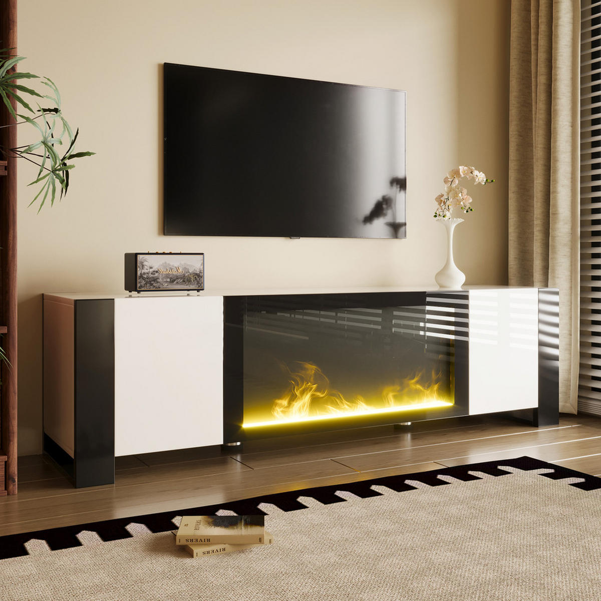 TV-SCHRANK Lowboard Hochglanz elektrischer Kamineffekt Weiß-Schwarz - Weiß, Holz (54.99/21.21/104.5cm) - FLIEKS