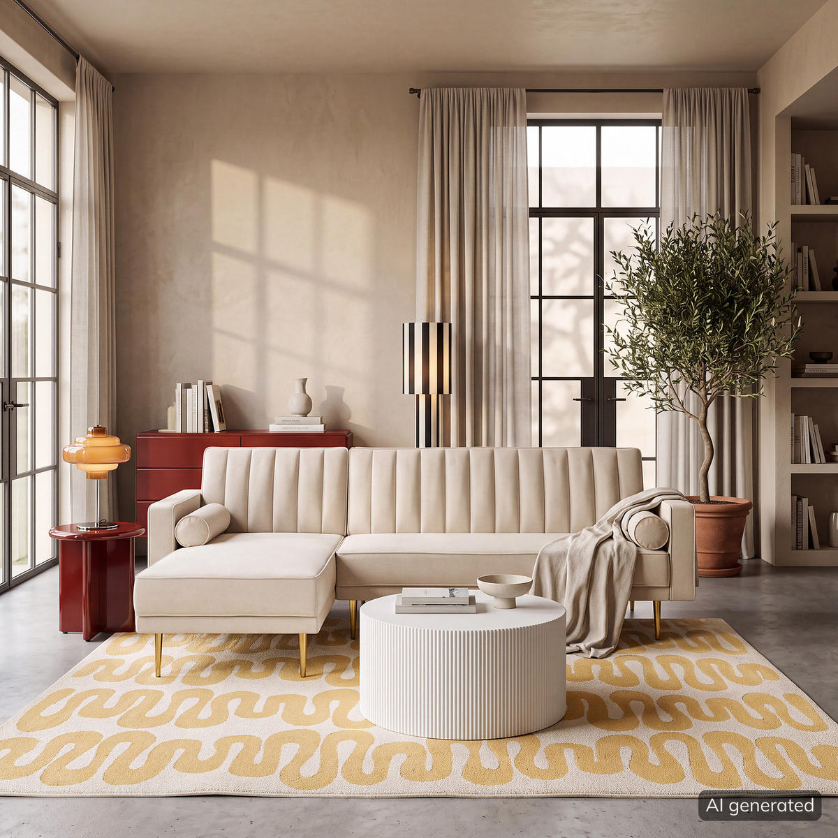 ECKSOFA mit Schlaffunktion - Beige/Goldfarben, Textil/Metall (223/144cm) - home24