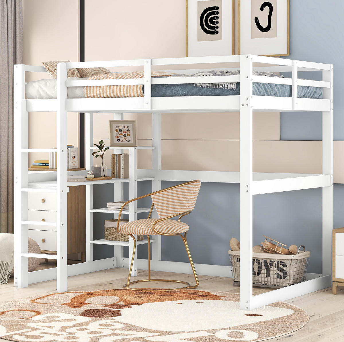 HOCHBETT 140/200 cm Antique White aus Kiefernholz und MDF mit Schreibtisch und 4 Ablagefächern - Weiß, Holz (140/200cm) - OKMYHOME