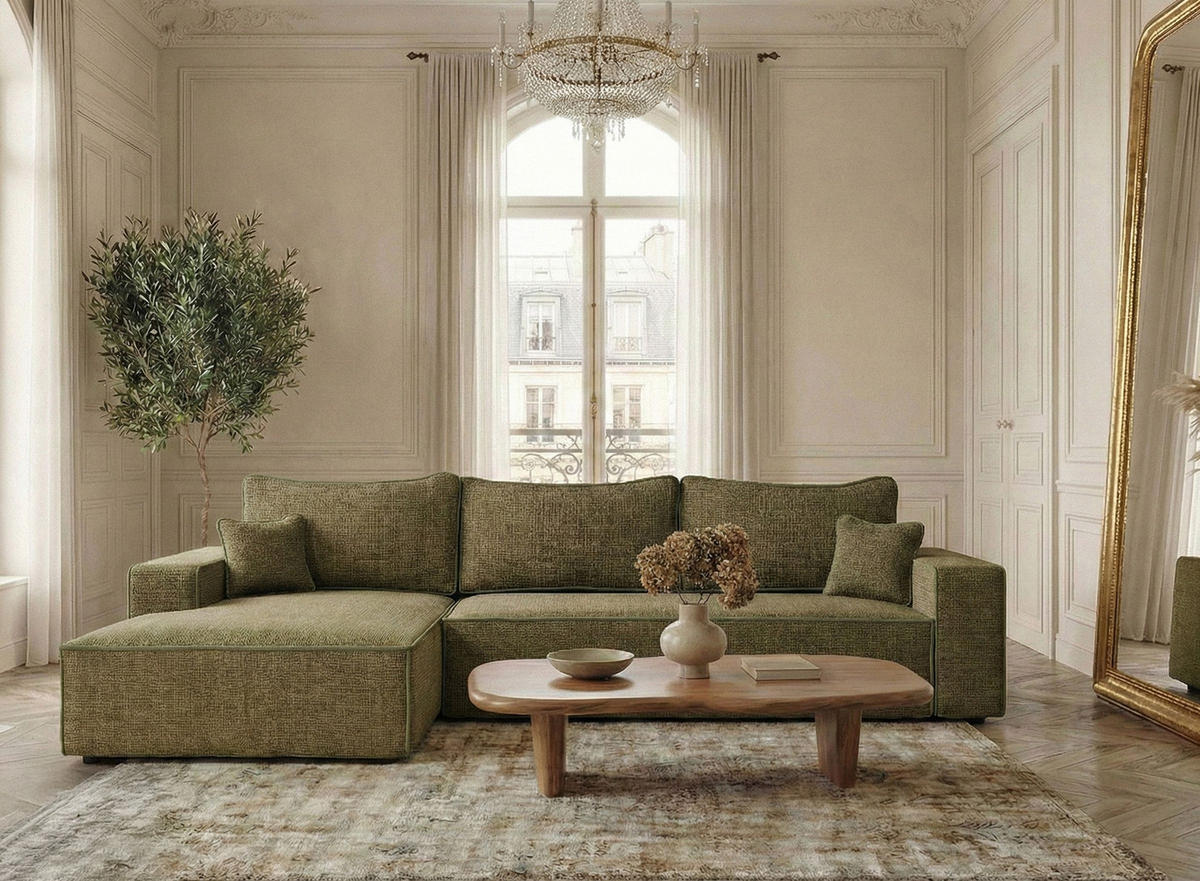 ECKSOFA MIT SCHLAFFUNKTION Modo Kupferfarbe Chenille-Stoff - Links Seite - Schwarz/Olivgrün, Holz/Holzwerkstoff (185/294cm) - Maison de Reve