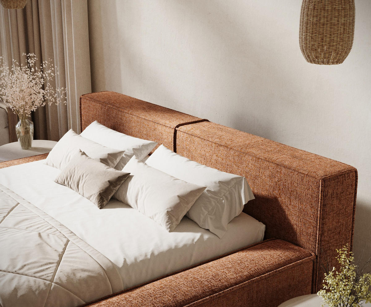 POLSTERBETT Voliera Dunkelorange 140/200 cm im Chenille-Stoff - Birkefarben/Dunkelorange, Holz/Holzwerkstoff (140/200cm) - Maison de Reve