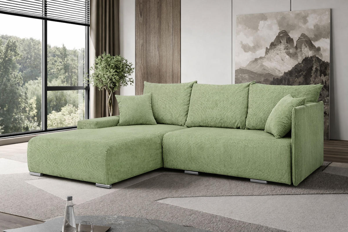 ECKSOFA L-Form Schlaffunktion Livorno Cord-Stoff Hellgrün Links - Chromfarben/Schwarz, Holz/Kunststoff (246/188cm) - Kaiser Möbel