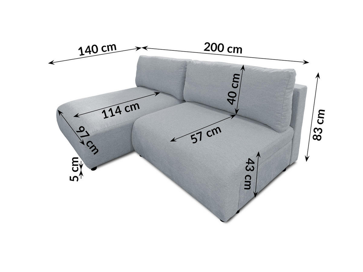 ECKSOFA Sora mit Schlaffunktion, Bettkasten und extra tiefer Komfortzone aus hochwertigem Grau Strukturstoff - Schwarz/Grau, Holz/Kunststoff (140/200cm) - S-Style