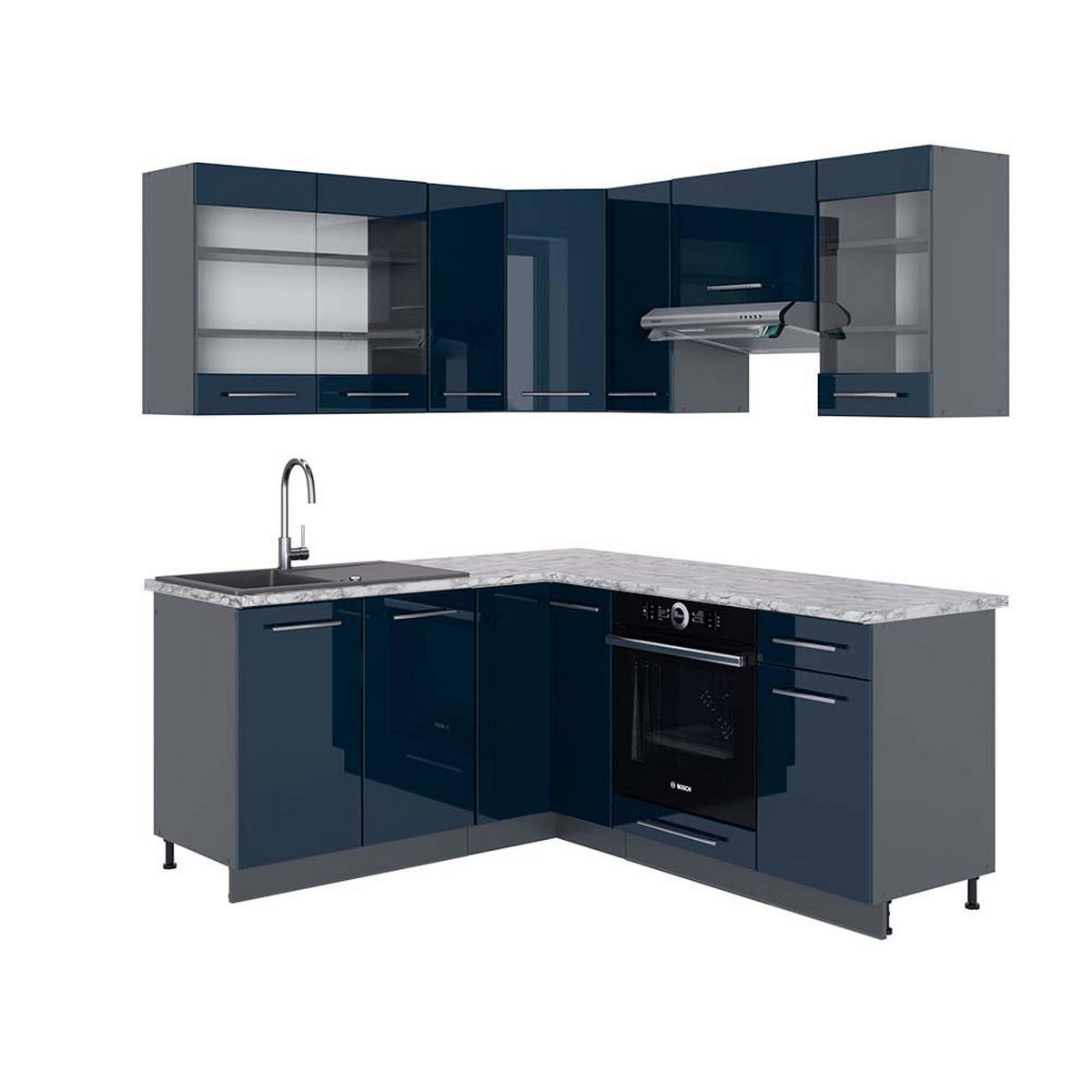 ECKKÜCHE Fame-Line Dunkelblau Hochglanz/Anthrazit 160 x 190 cm AP Marmor - Anthrazit/Dunkelblau, Holzwerkstoff (190/81.6/60cm) - Vicco