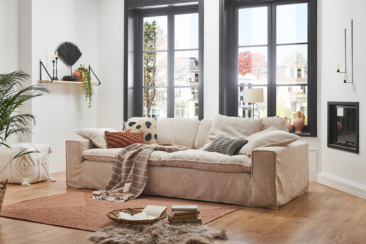 SOFA NETTA Cremeweiß Cord - Creme/Braun, Birkenholz/Textil (226/90/116cm) - KAWOLA