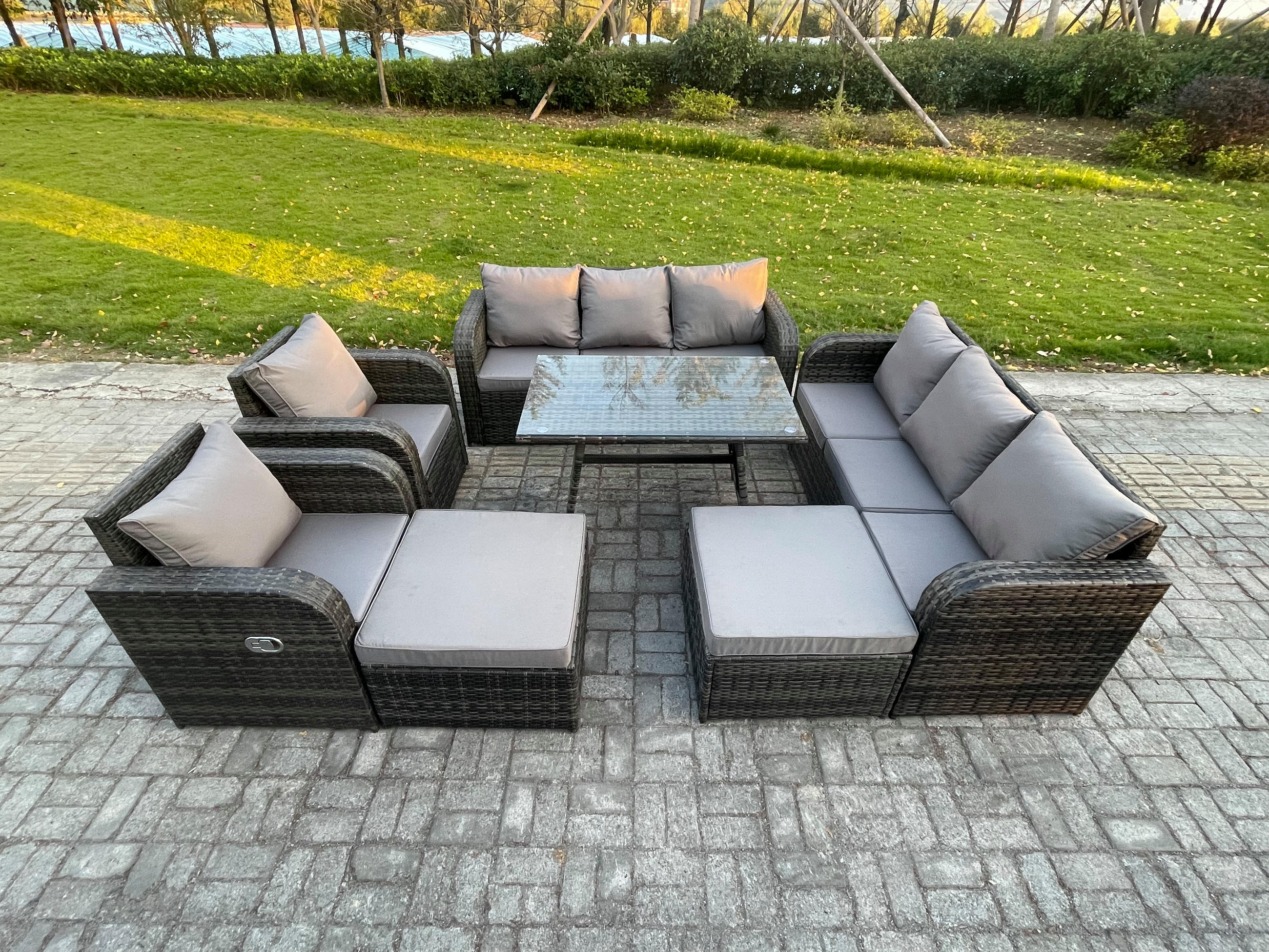 GARTENMÖBELSET mit ESSTISCH,SOFA Polyrattan 11-Sitzer - Dunkelgrau/Grau, Glas/Kunststoff - Fimous