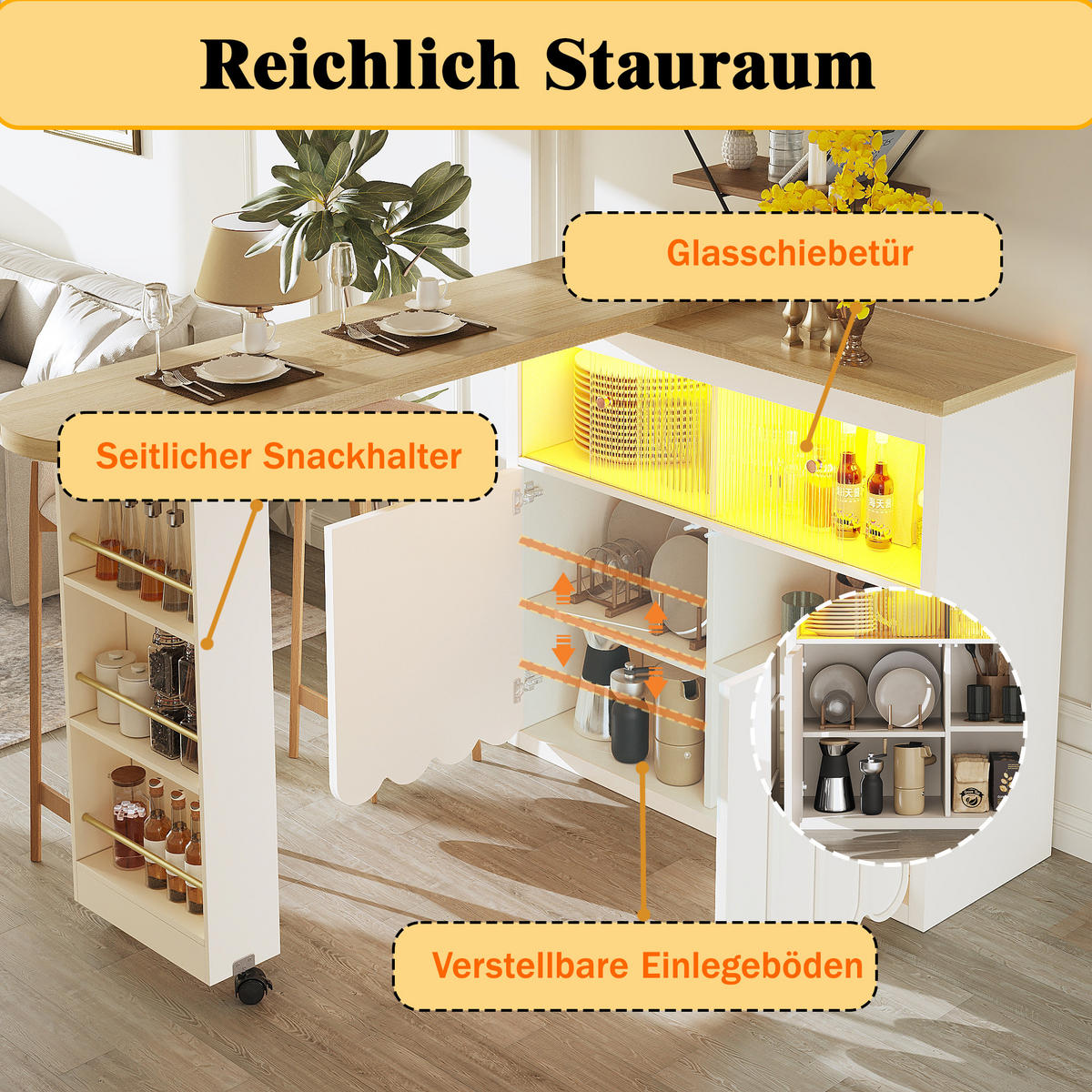 BARTISCH Ausziehbar 135-205cm LED Stauraum Weiß - Weiß, Glas (39/135/100cm) - FLIEKS
