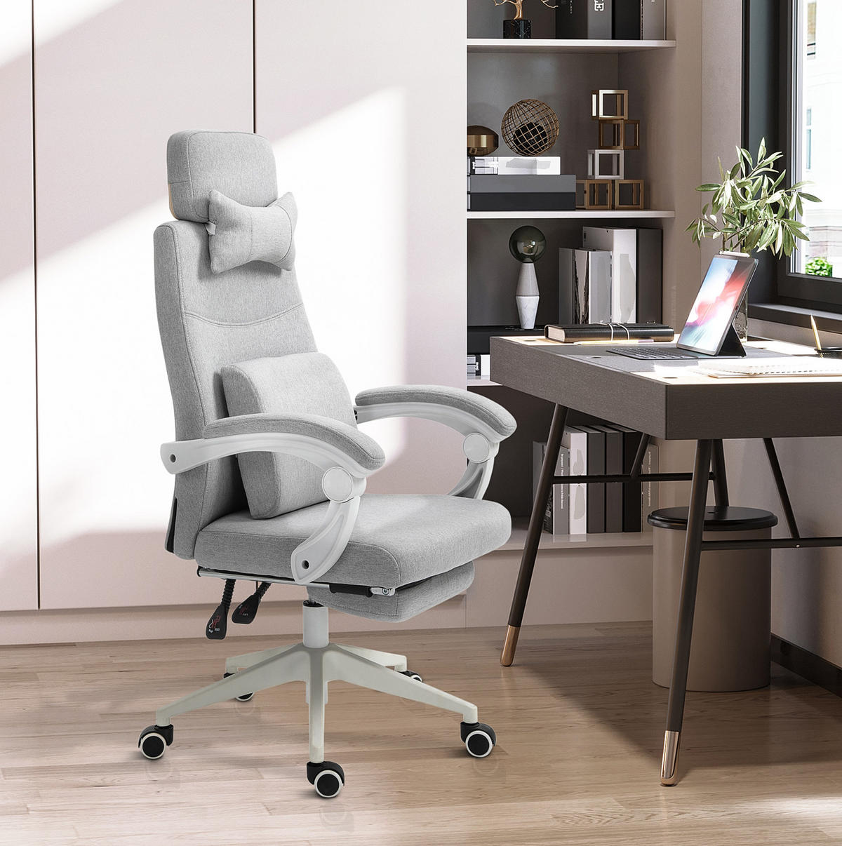 BÜROSTUHL ergonomisch höhenverstellbar Grau mit Fußstütze - Grau, Kunststoff (68/117/62cm) - Meubliv
