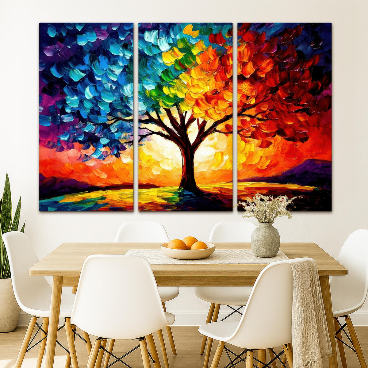 LEINWANDBILD 3er Set Baum - Farbenfroh - Malerei-Look - Abstrakt 150x100 cm - Multicolor, Textil (150/100cm) - MuchoWow