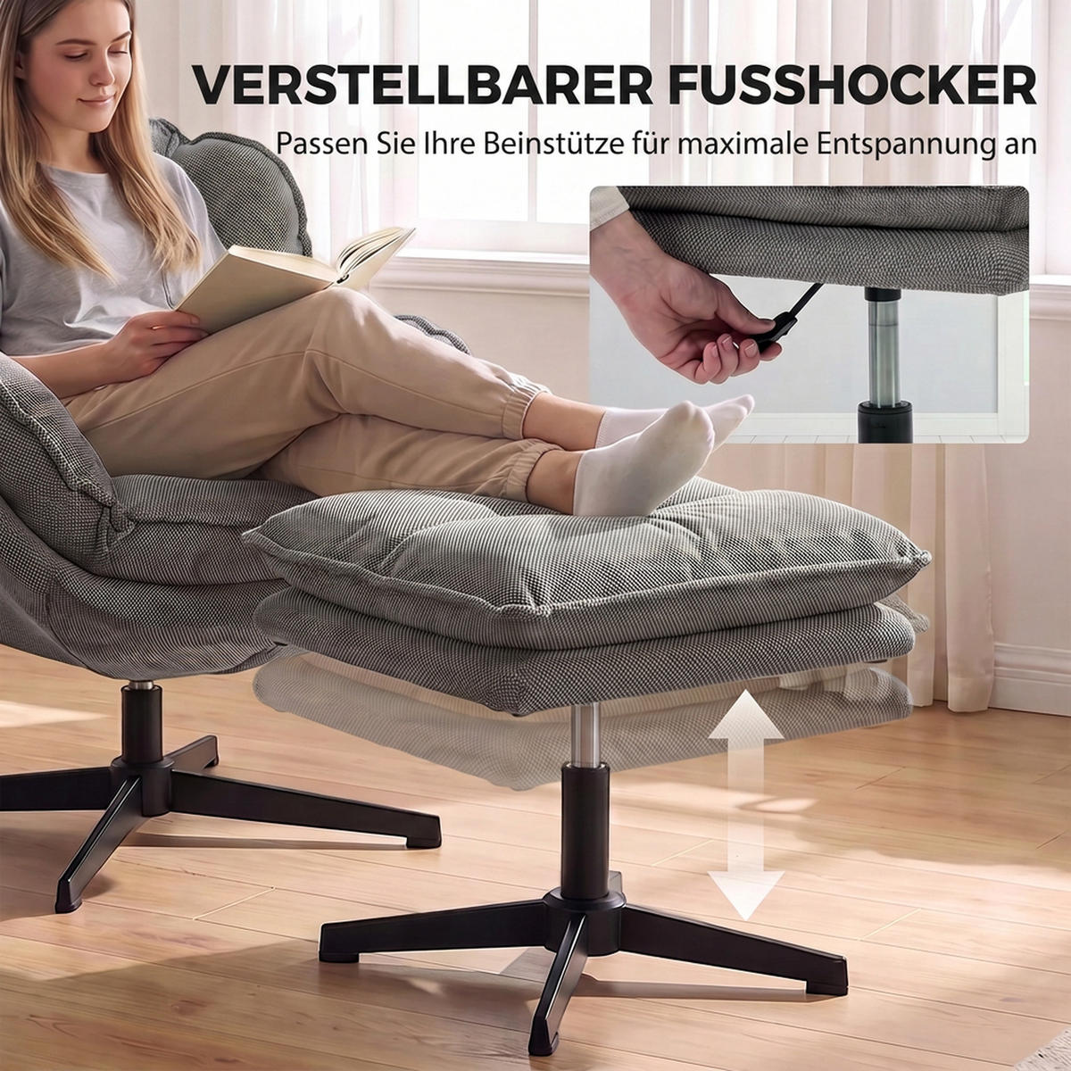 RELAXSESSEL-MIT-HOCKER Polyester Grau - Schwarz/Grau, Textil/Metall (74/85/86cm) - HOMCOM