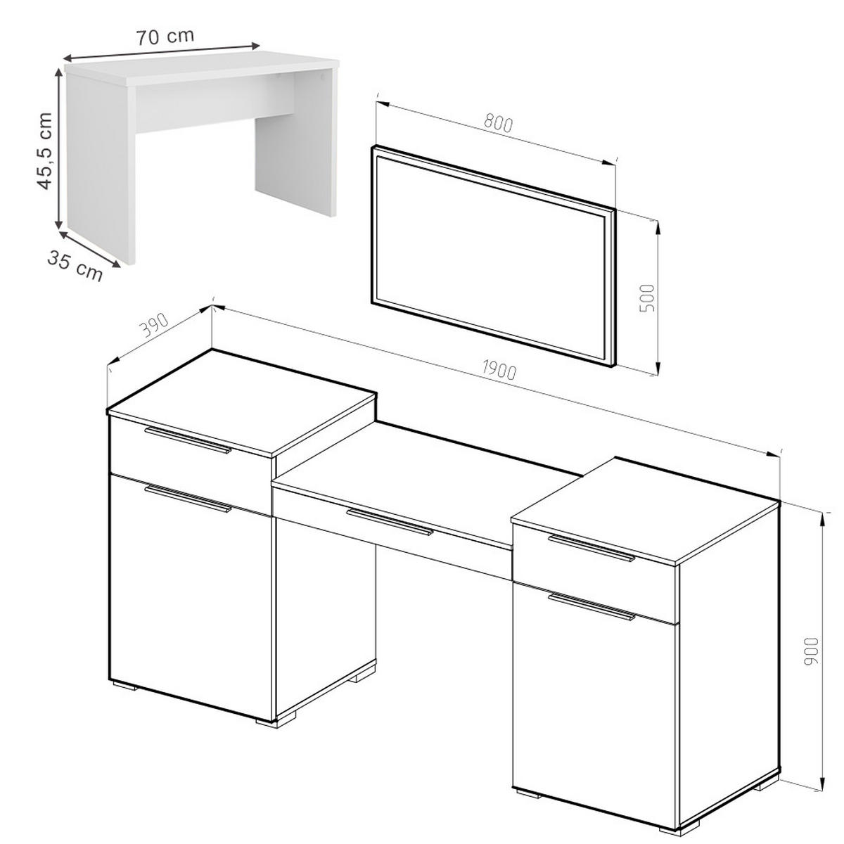 SCHMINKTISCH Lilli Weiß 190 cm mit Bank - Weiß, Holzwerkstoff (190/90/39cm) - Vicco