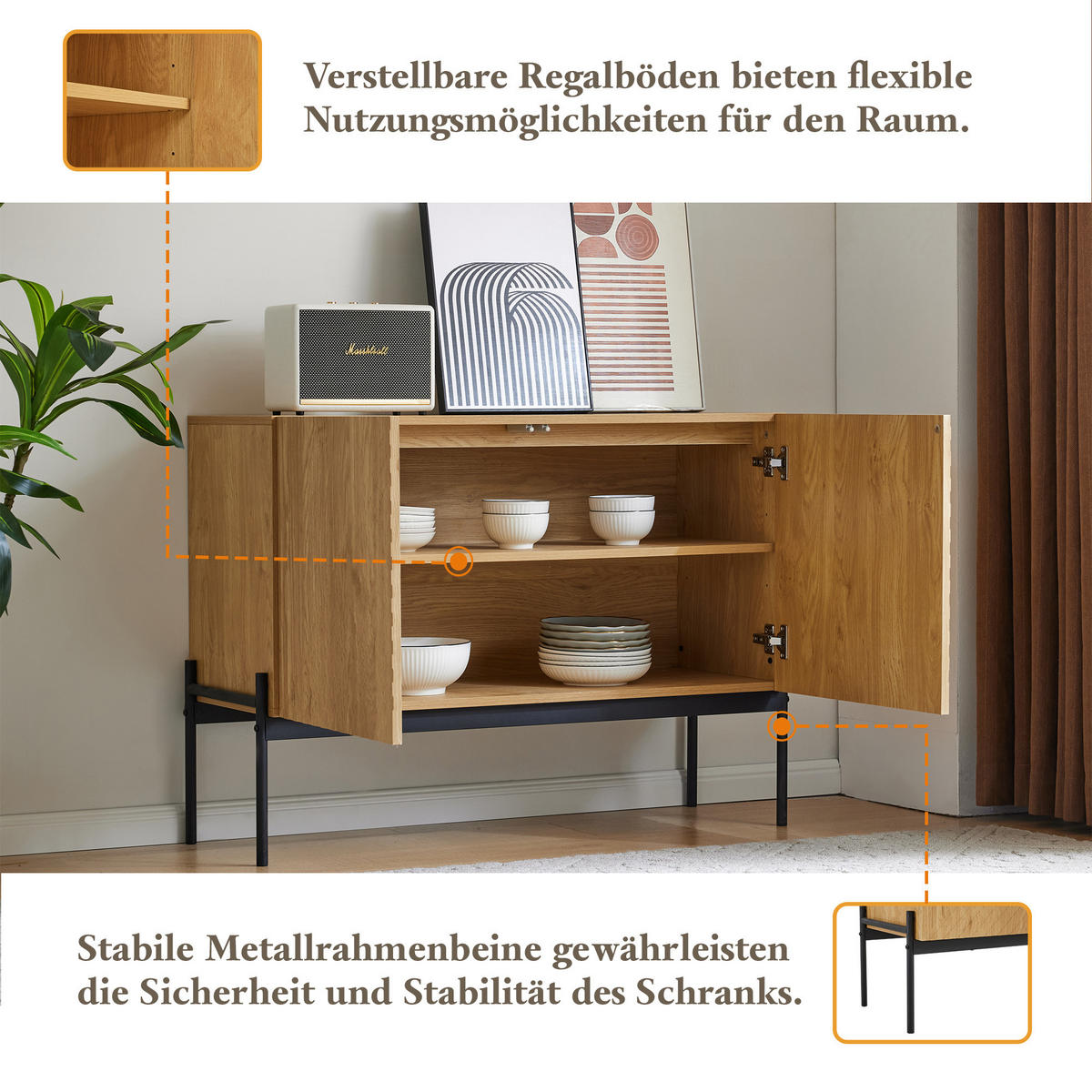 SIDEBOARD in Naturfarben Kommode mit 2 Türen Metallbeinen Linien Design Buffet Kommode für Wohnzimmer, B100/T40/T75cm - Schwarz/Naturfarben, Holzwerkstoff/Metall (100/75/40cm) - STILVORA