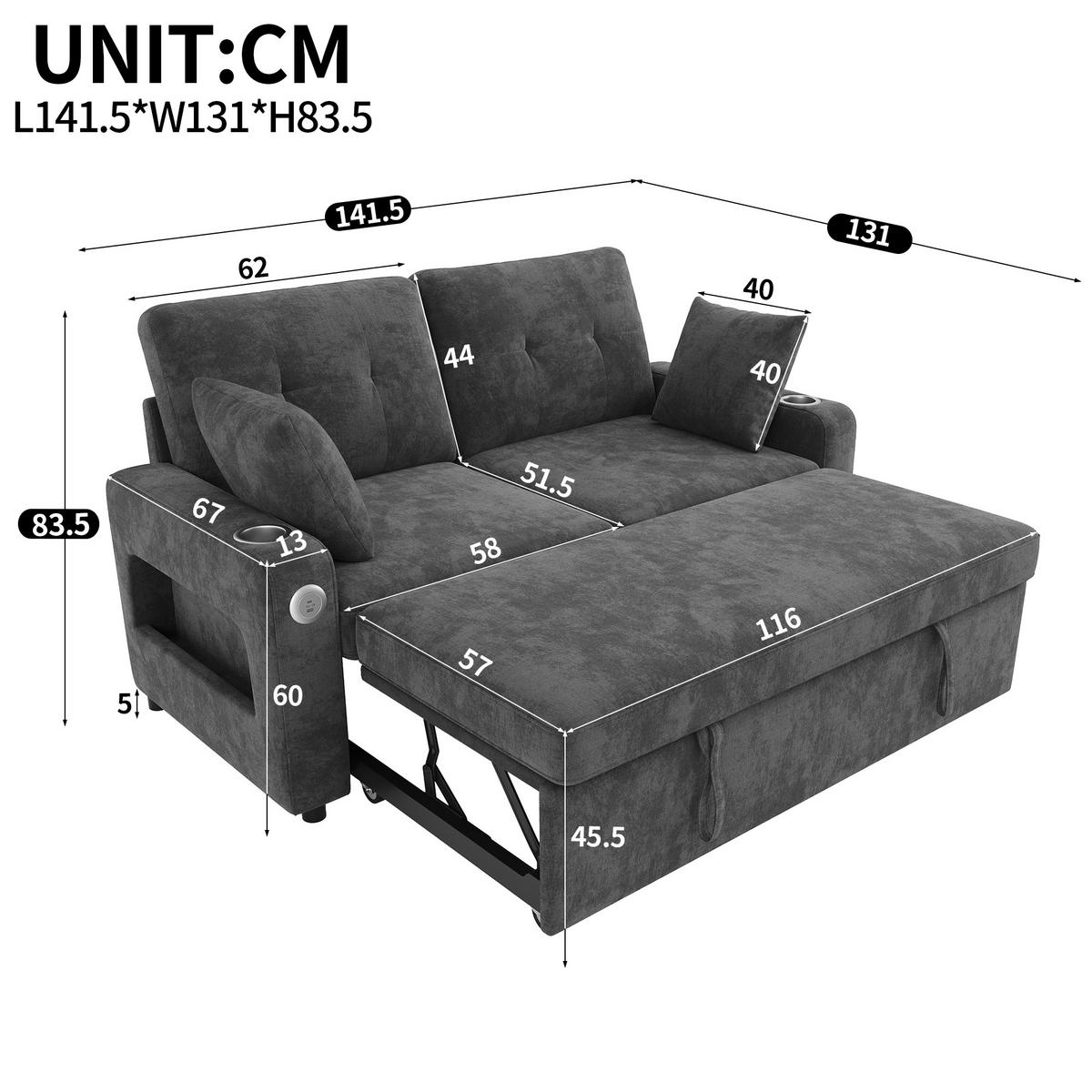 SOFA NA RAZVLAČENJE 2-sjedalo u sivoj boji s funkcijom razvlačenja, chenille - siva/crna, drvni materijal/tekstil (141.5/83.5/131cm) - CHICFURN
