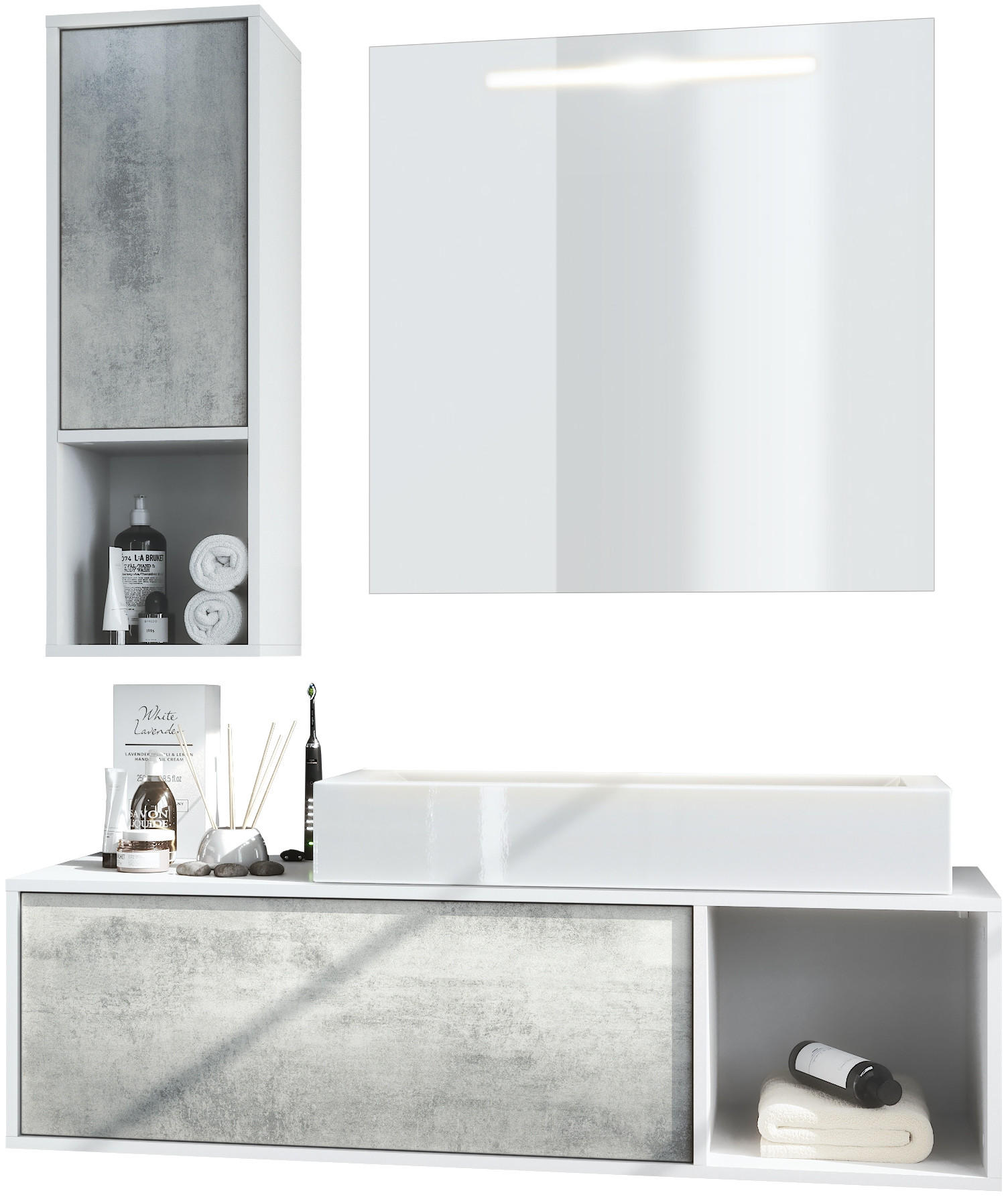 BADMÖBELSET La Costa Fronten in Beton Oxid Optik - Hellgrau, Holzwerkstoff (126.5/190/46cm) - Vladon