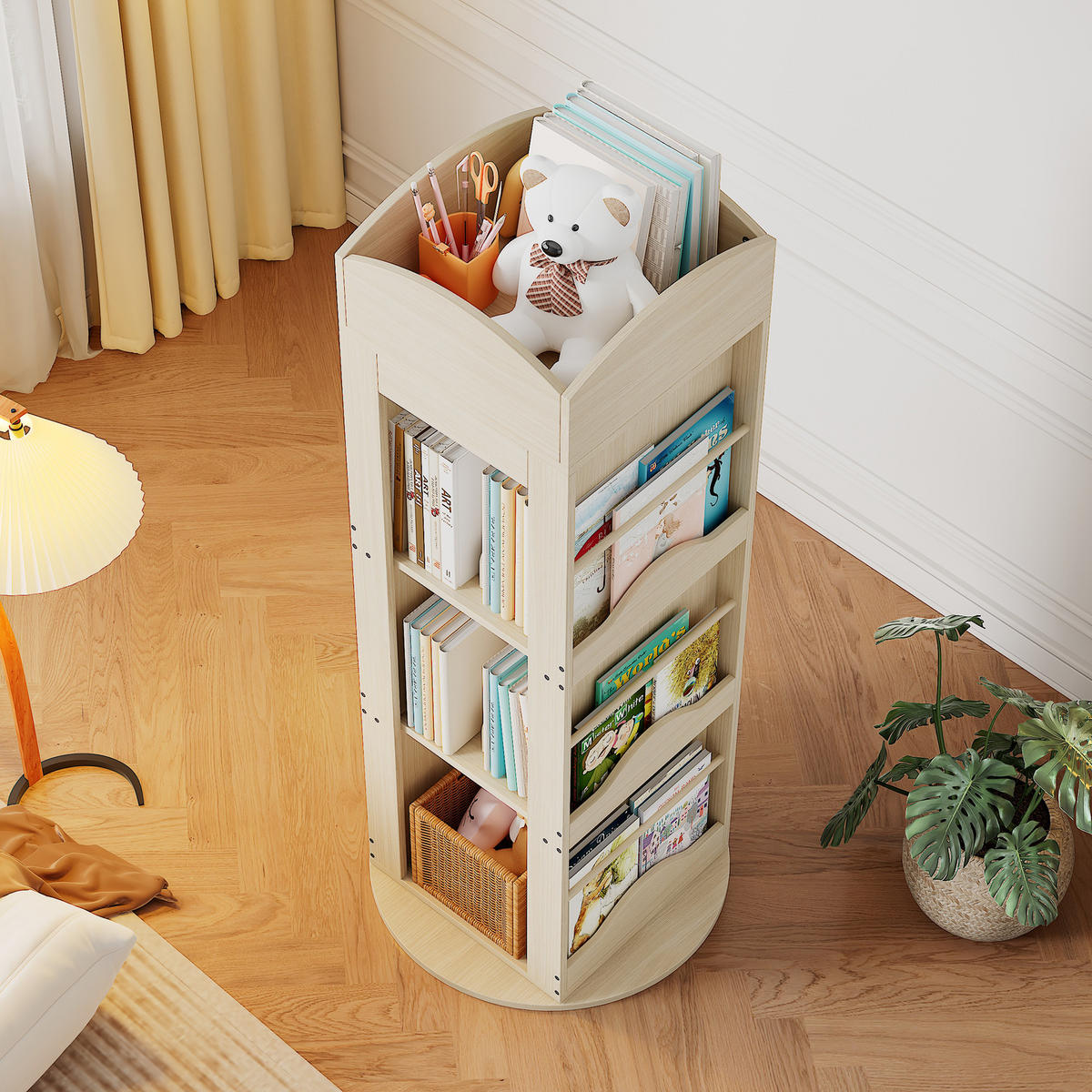 BÜCHERREGAL 142x63x63cm 360-Grad drehbar 4 Böden für Kinder Erwachsene - Naturfarben, Holz (63/142/63cm) - FLIEKS