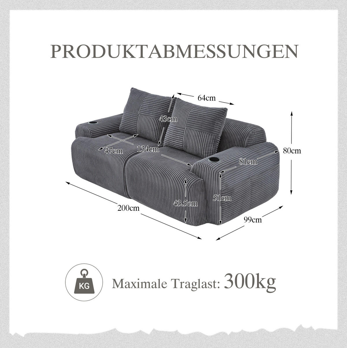 POHOVKA 200/99/80 cm tmavě šedá z manšestru s držákem na nápoje a boční kapsou - tmavě šedá, textil (99/80/200cm) - OKWISH