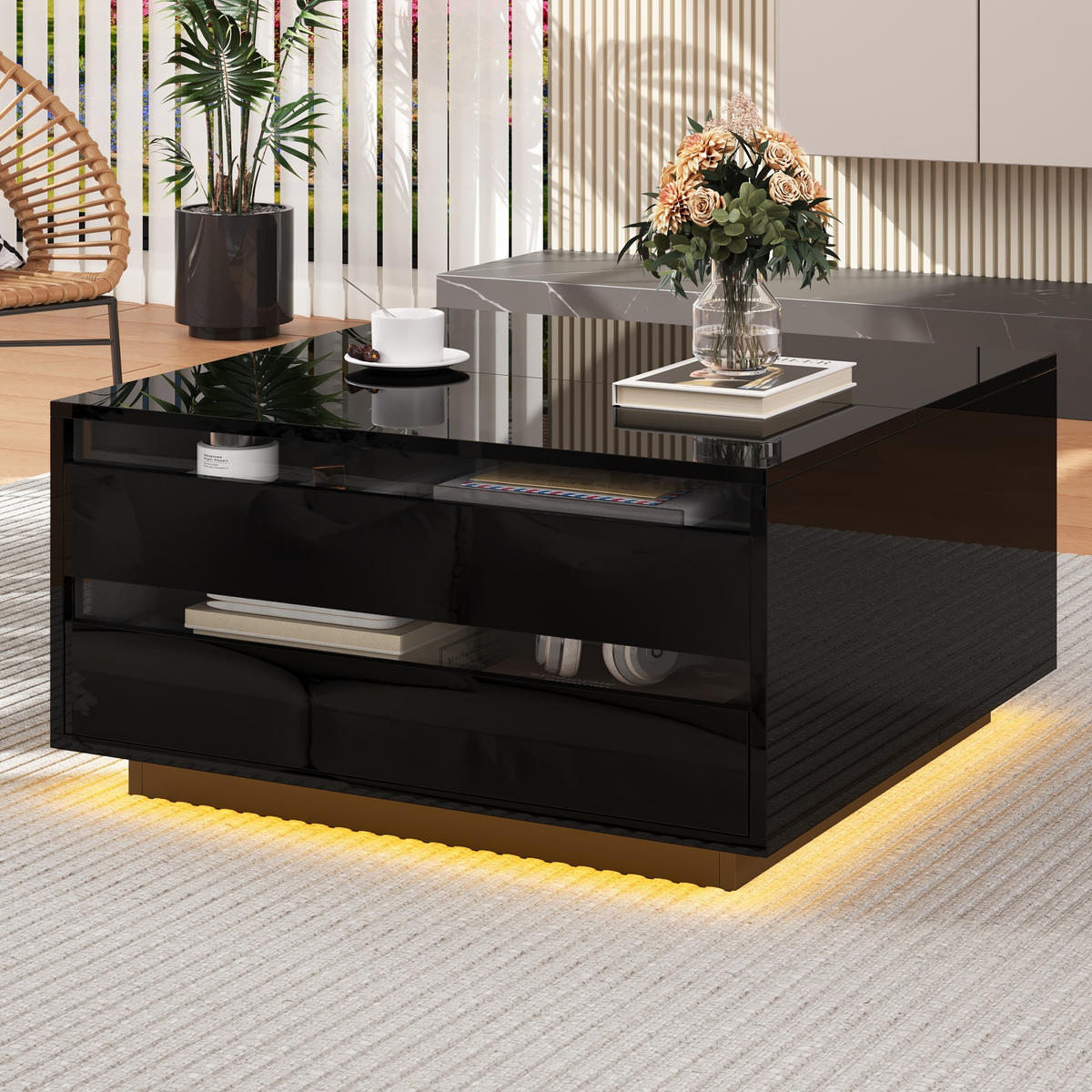 COUCHTISCH 70/70/38 cm schwarz mit höhenverstellbarer Tischplatte und LED-Beleuchtung - Schwarz, Holzwerkstoff (70/70/38cm) - OKWISH