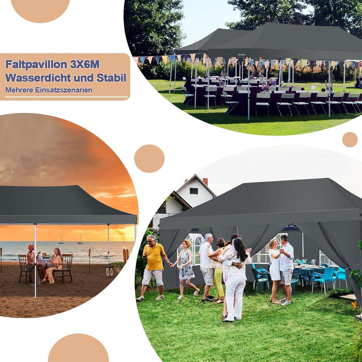 FALTPAVILLON 3 x 6 m Dunkelgrau Wasserdicht mit 6 Seitenteilen - Grau, Textil (300/300/600cm)