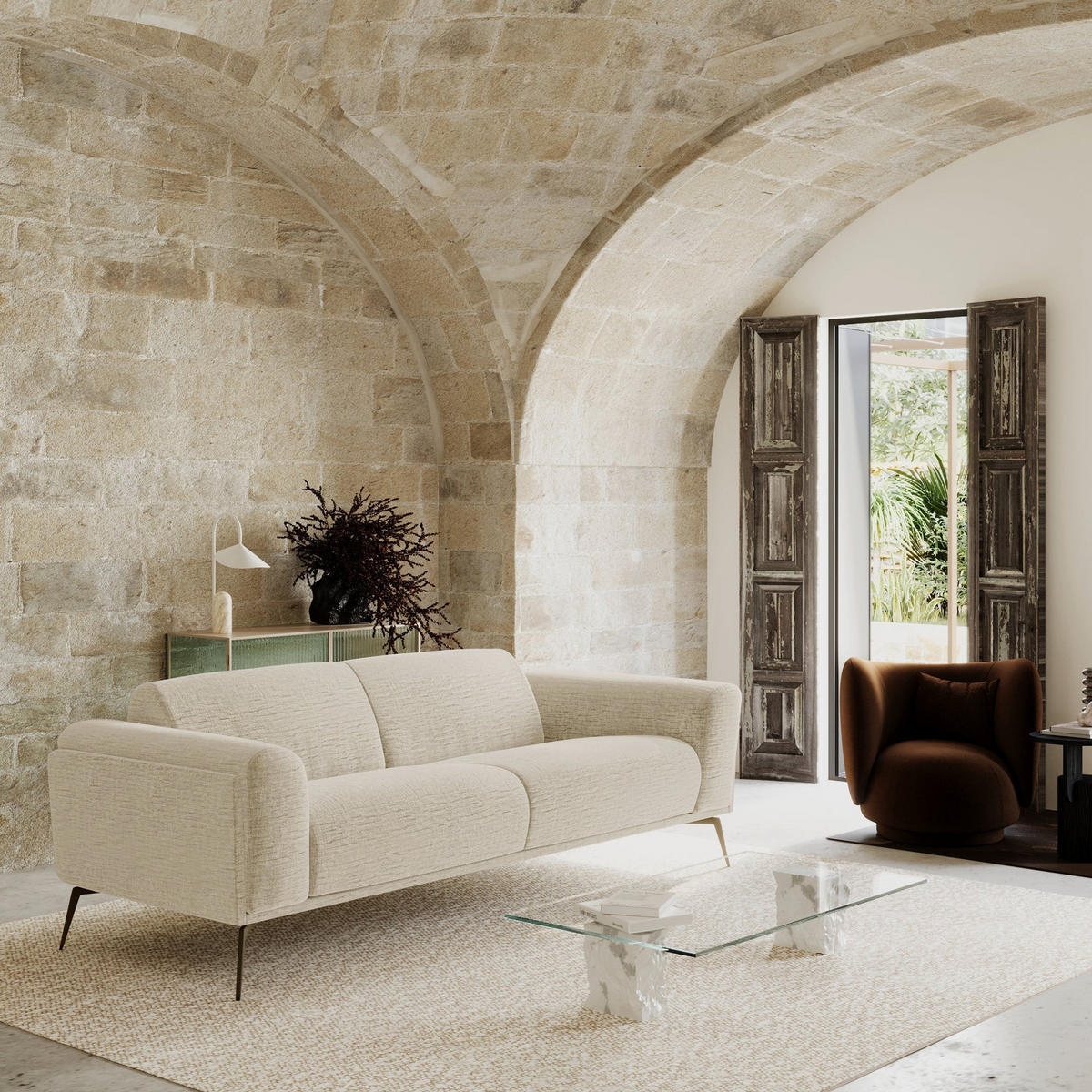 SOFA 3-SITZER Texturierter Samt Creme 220cm - Creme, Textil (220/74/90cm) - Sia Home