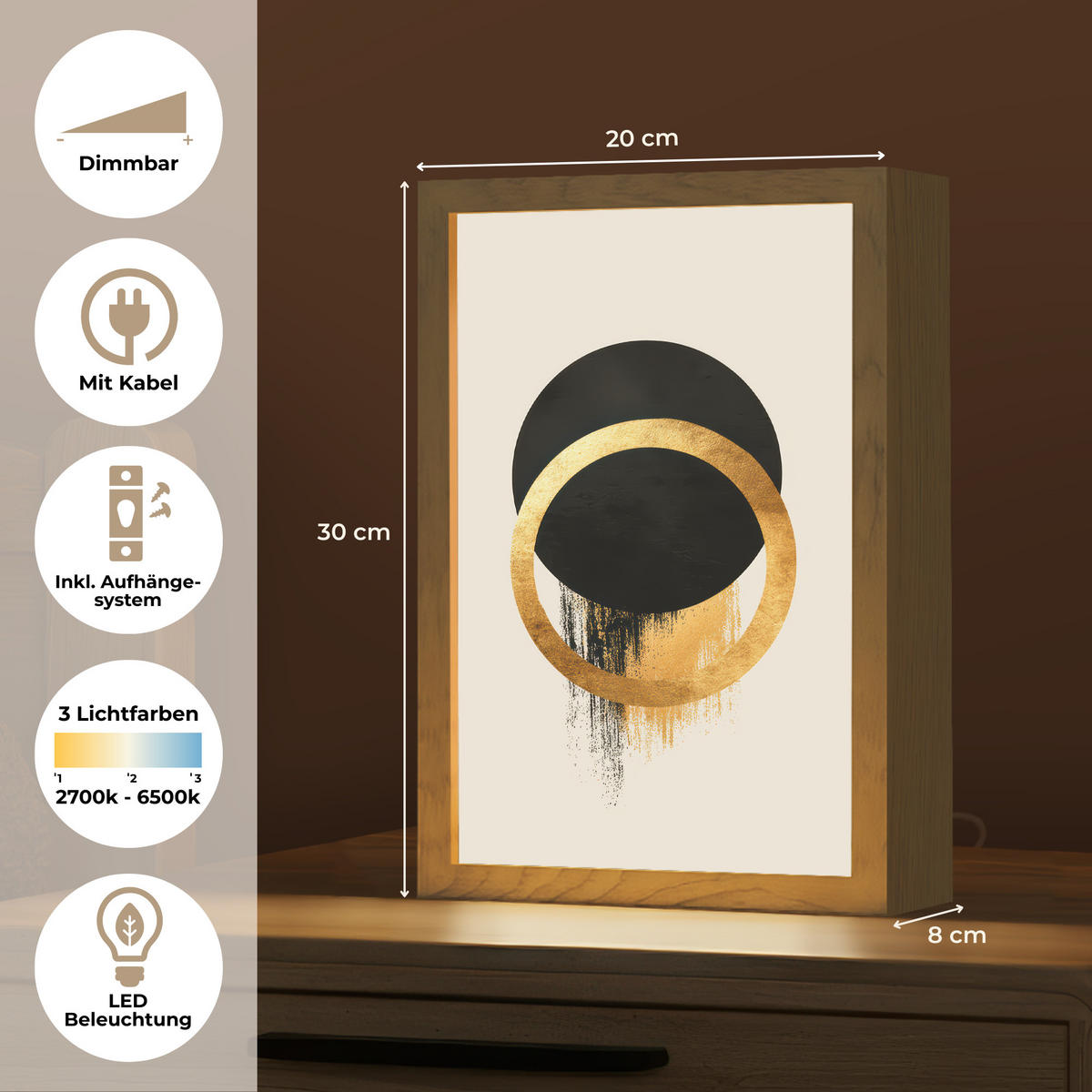 NÁSTĚNNÁ LAMPA Abstraktní design - Černý kruh - Skvrny od barvy 20x30 cm - krémová, kompozitní dřevo (20/30/8cm) - OnlyWow