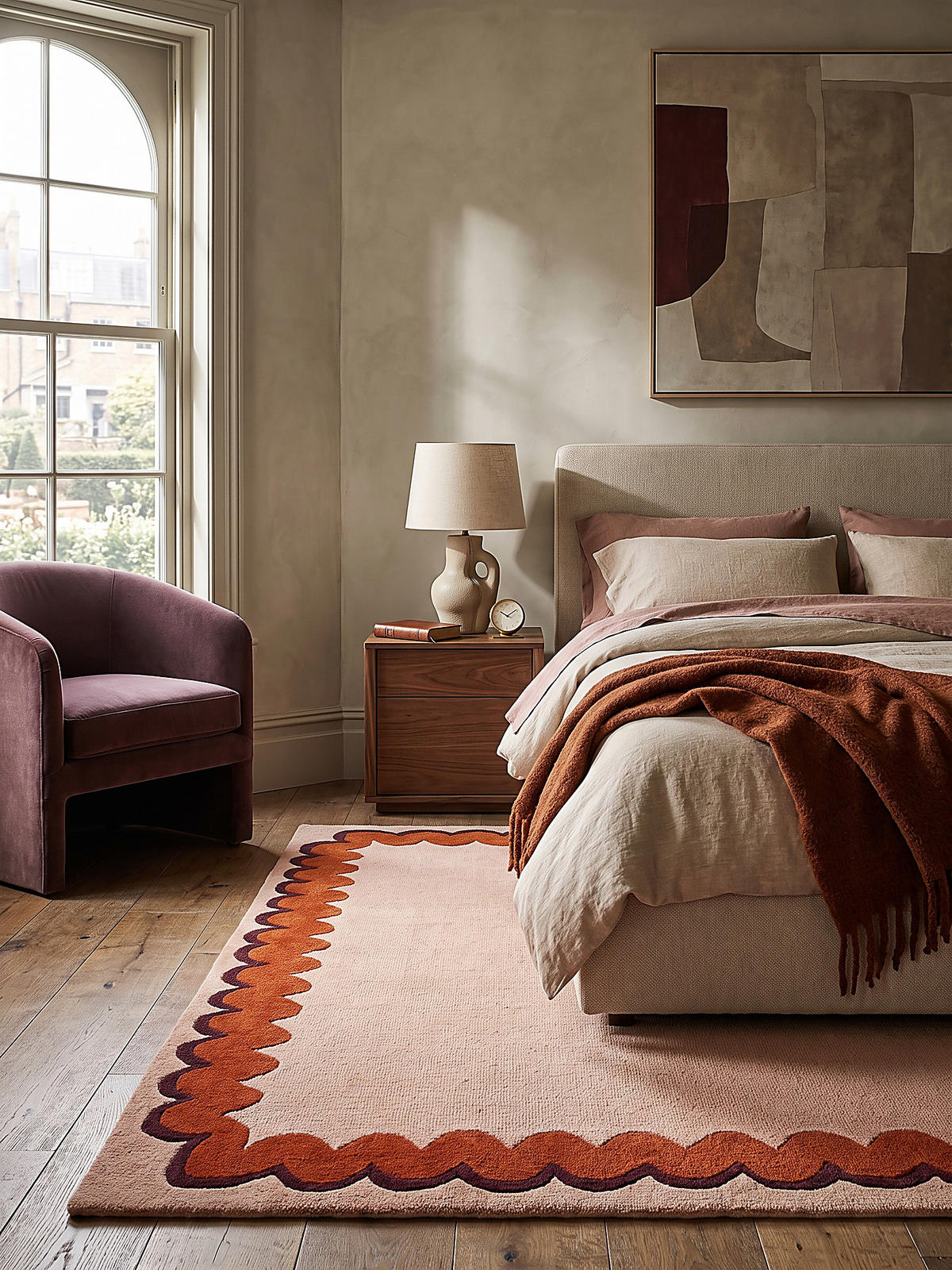 TEPPICH aus Wolle, handgetuftet, WAVENEY, in Orange, Zickzack-Wellenbordüre, 140 x 200 cm - Orange, Textil (140/200cm) - KADIMA DESIGN