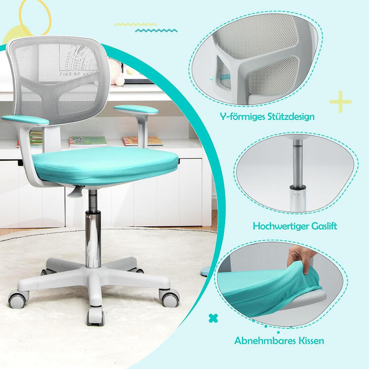 KINDER‑BÜROSTUHL 360°drehbar türkis - Hellblau, Kunststoff (54/80/54cm) - COSTWAY