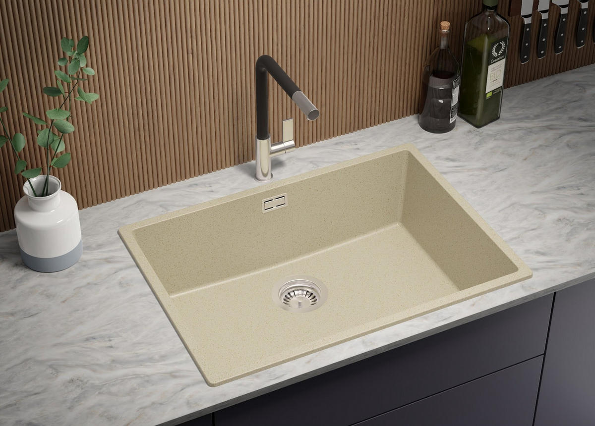 GRANITSPÜLE London Slim, 2-er set Beige 66/47 cm 1 Becken + Küchenarmatur 40/20 cm + Ablauf-Set ab 70er Unterschrank - Beige, Kunststoff (66/20/47cm) - Primagran