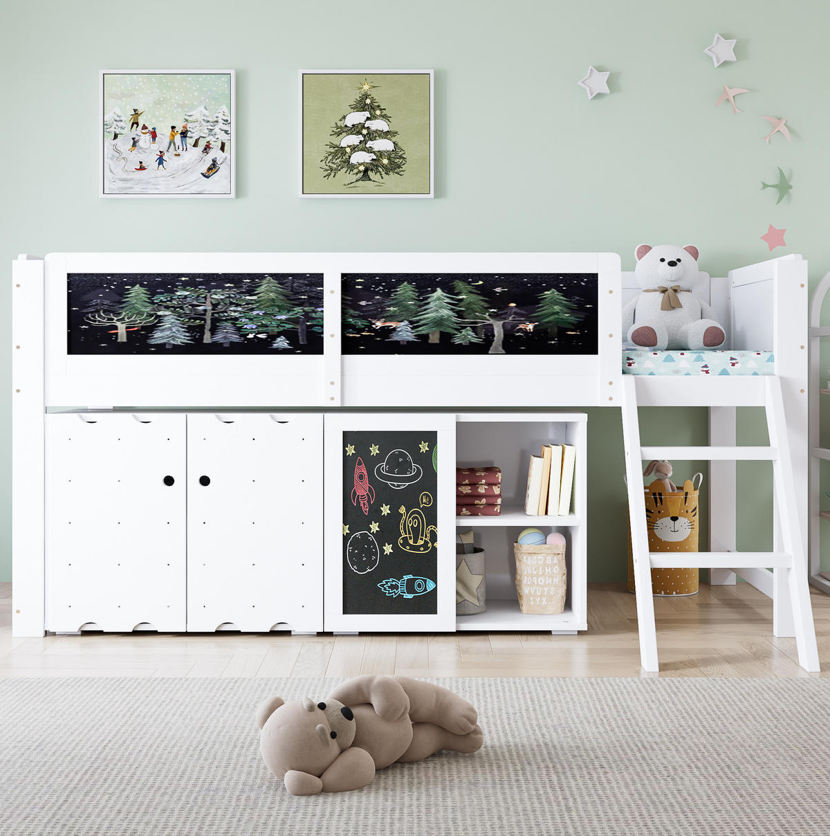 HOCHBETT aus Kiefer und MDF 90x200 cm Weiß/Schwarz mit Stauraumschrank, Kreidetafel und Sicherheitsgeländer - Weiß, Holzwerkstoff (90/200cm) - Modfu